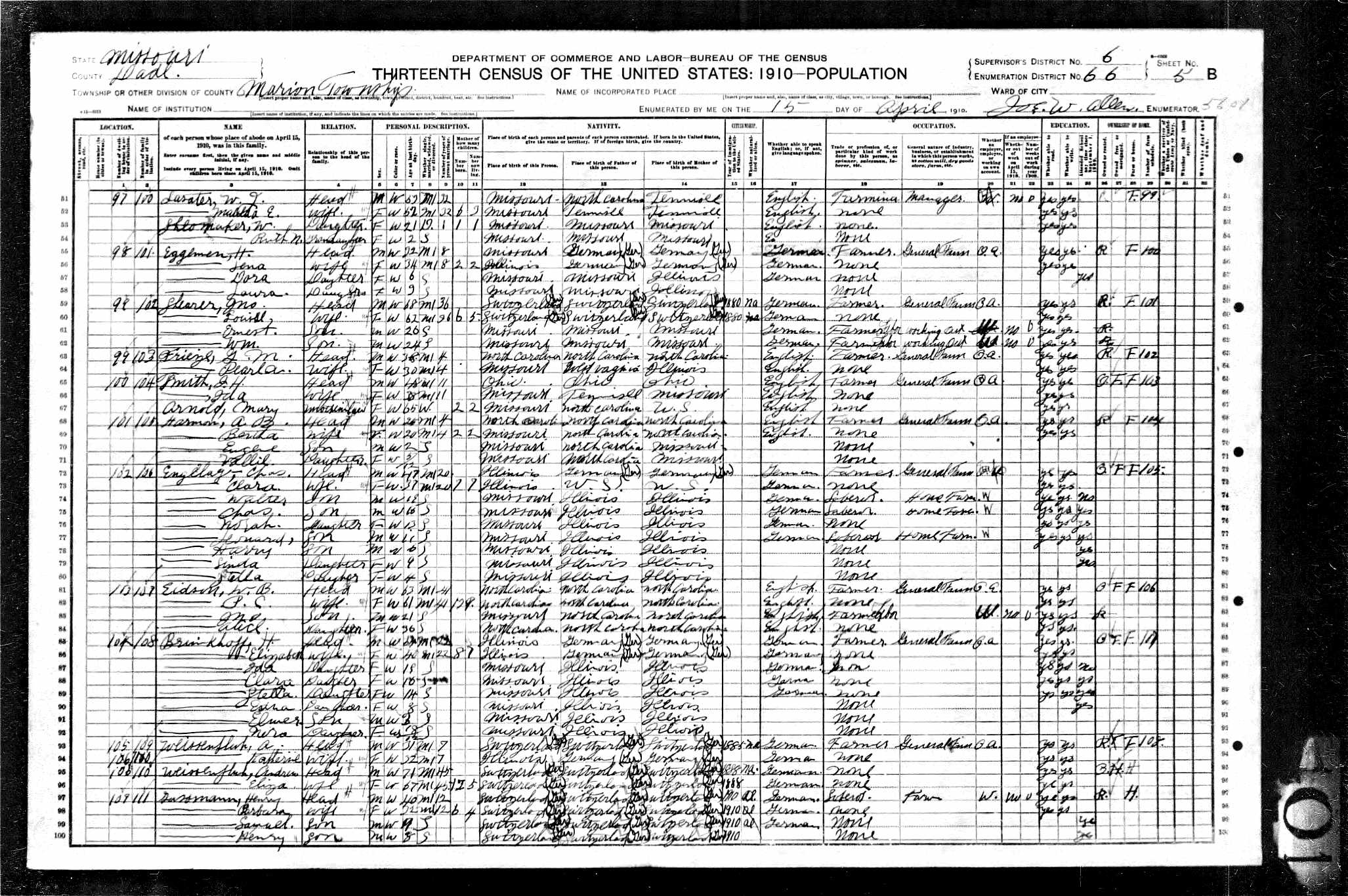 William J. and Matilda (Rogers) Lasater, 1910 Dade County, MIssouri, census