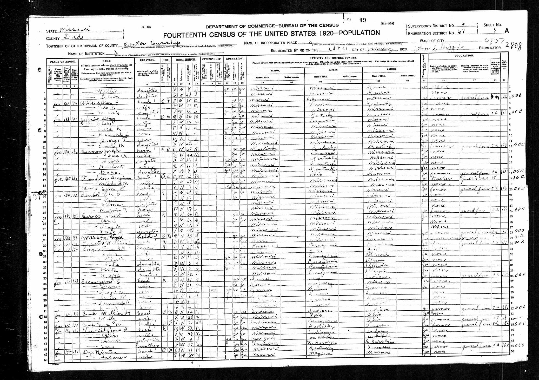 William J. Lasater, 1920 Dade County, Missouri, census (divorced)