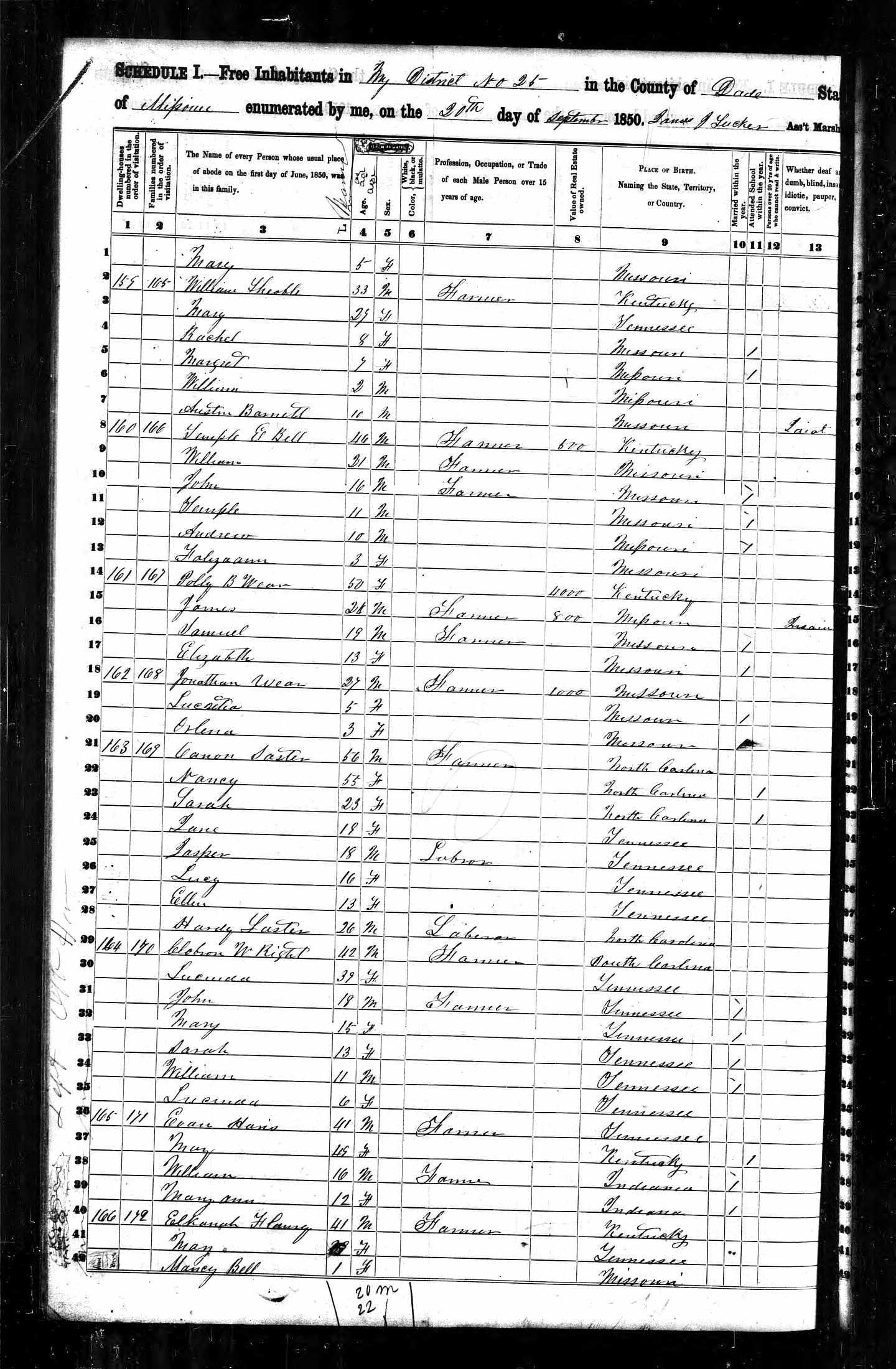 Hardy Lasater, in the Canon Lasater census enumeration, 1850 Dade County, Missouri