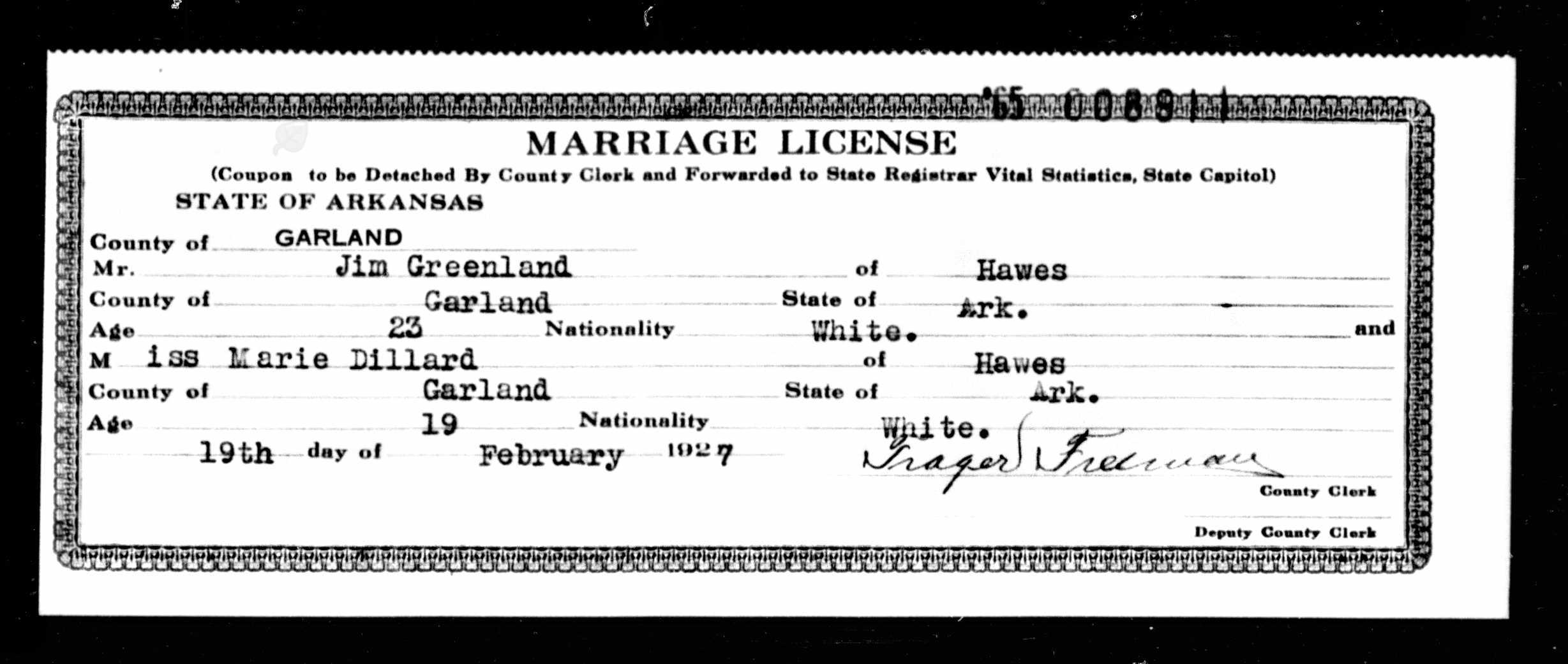 Melvin Bolerjack, AKA Jim Turner Greenland, marriage license to Marie Dillard, 1927, Garland County, Arkansas.