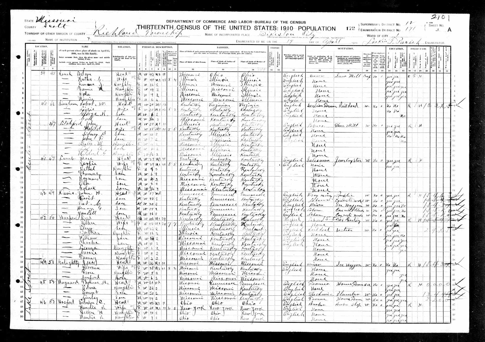 Adam Roush, 1910 Scott County, Missouri, census