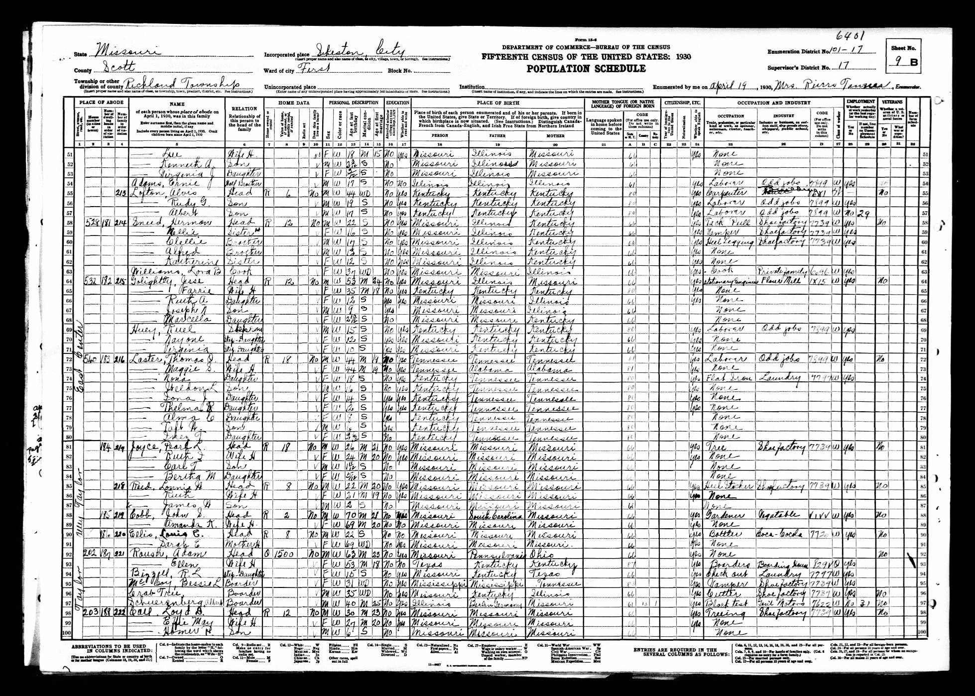 Adam Roush (son of John, grandson of Francis), 1930 Scott County, Missouri, census