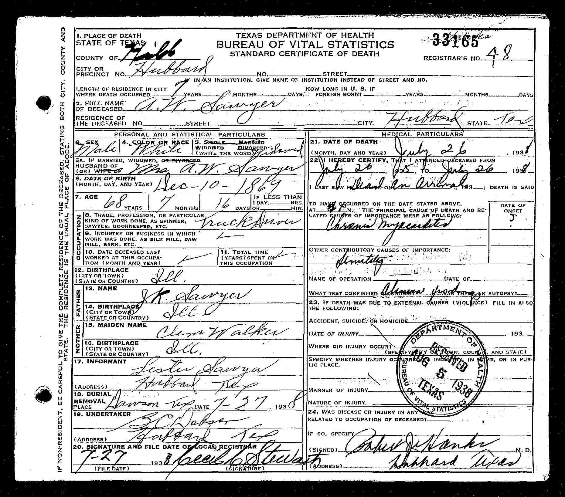 Aaron W. Sawyer, death certificate, 1938, Hill County, Texas