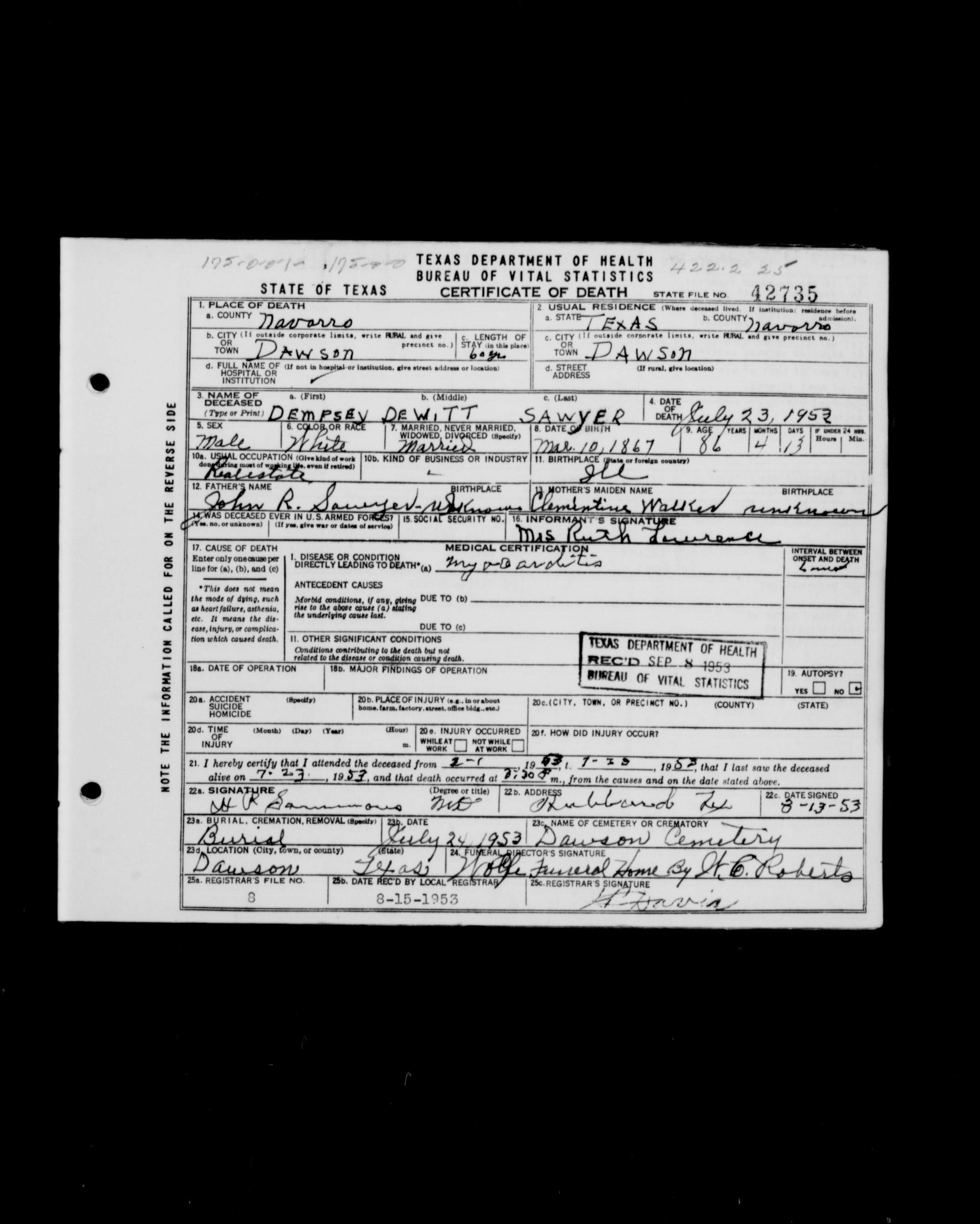 Dempsey DeWitt Sawyer, death certificate, 1953, Navarro County, Texas
