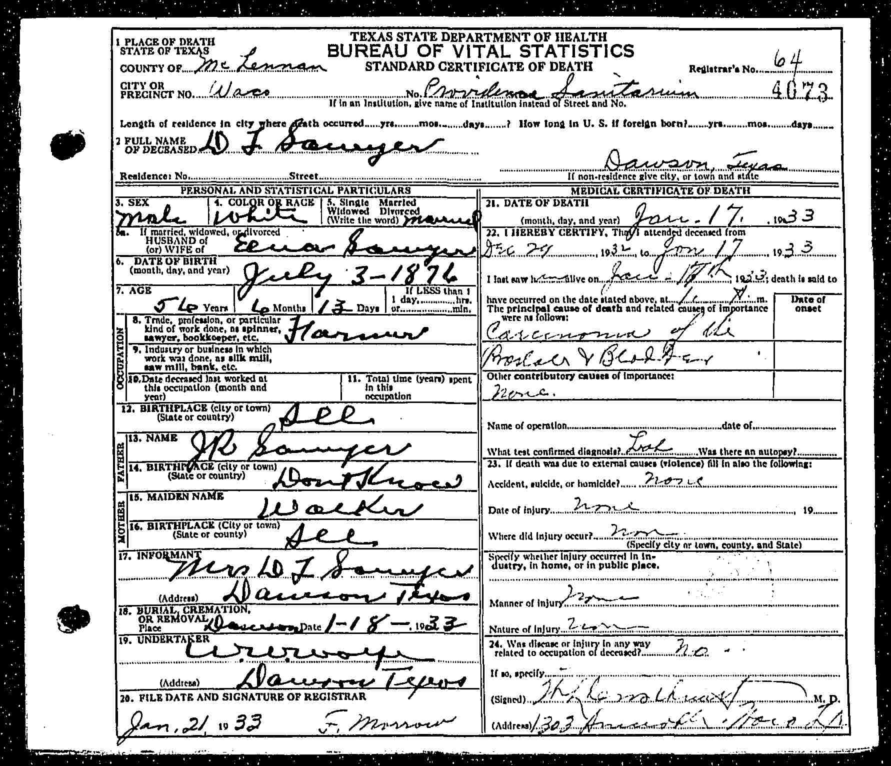 Don Tilden Sawyer, death certificate, 1933, McLennan County, Texas