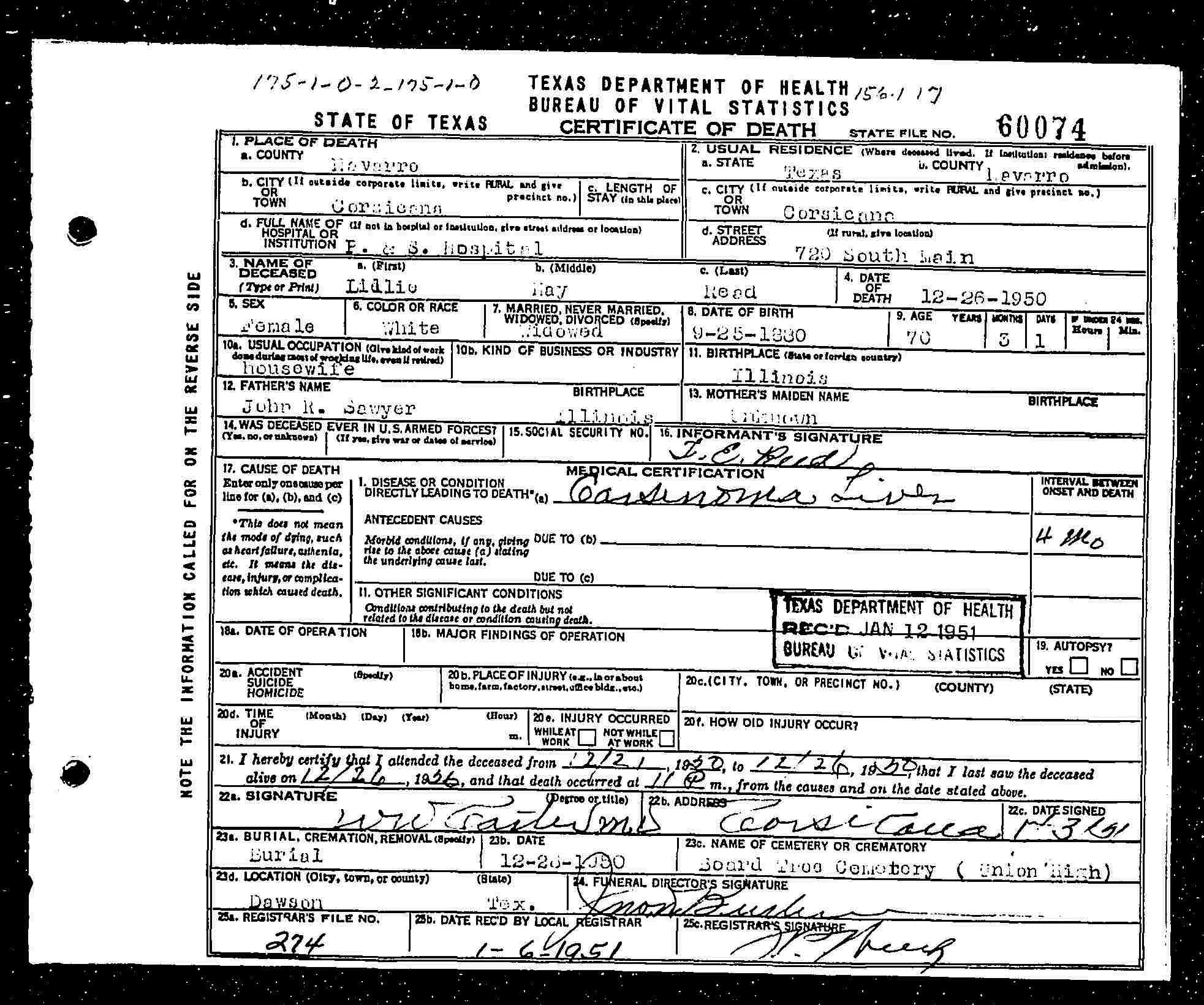 Lillie May (Sawyer) Read, death certificate, 1950, Navarro County, Texas