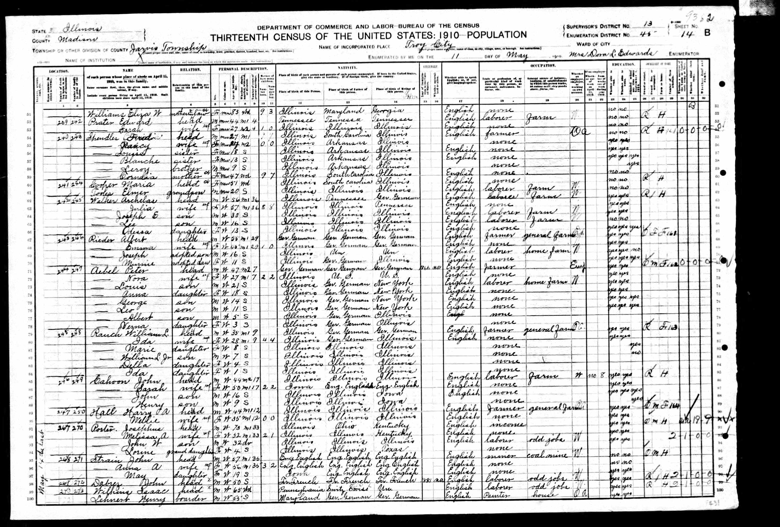 Achilles Walker, 1910 Madison County, Illinois, census