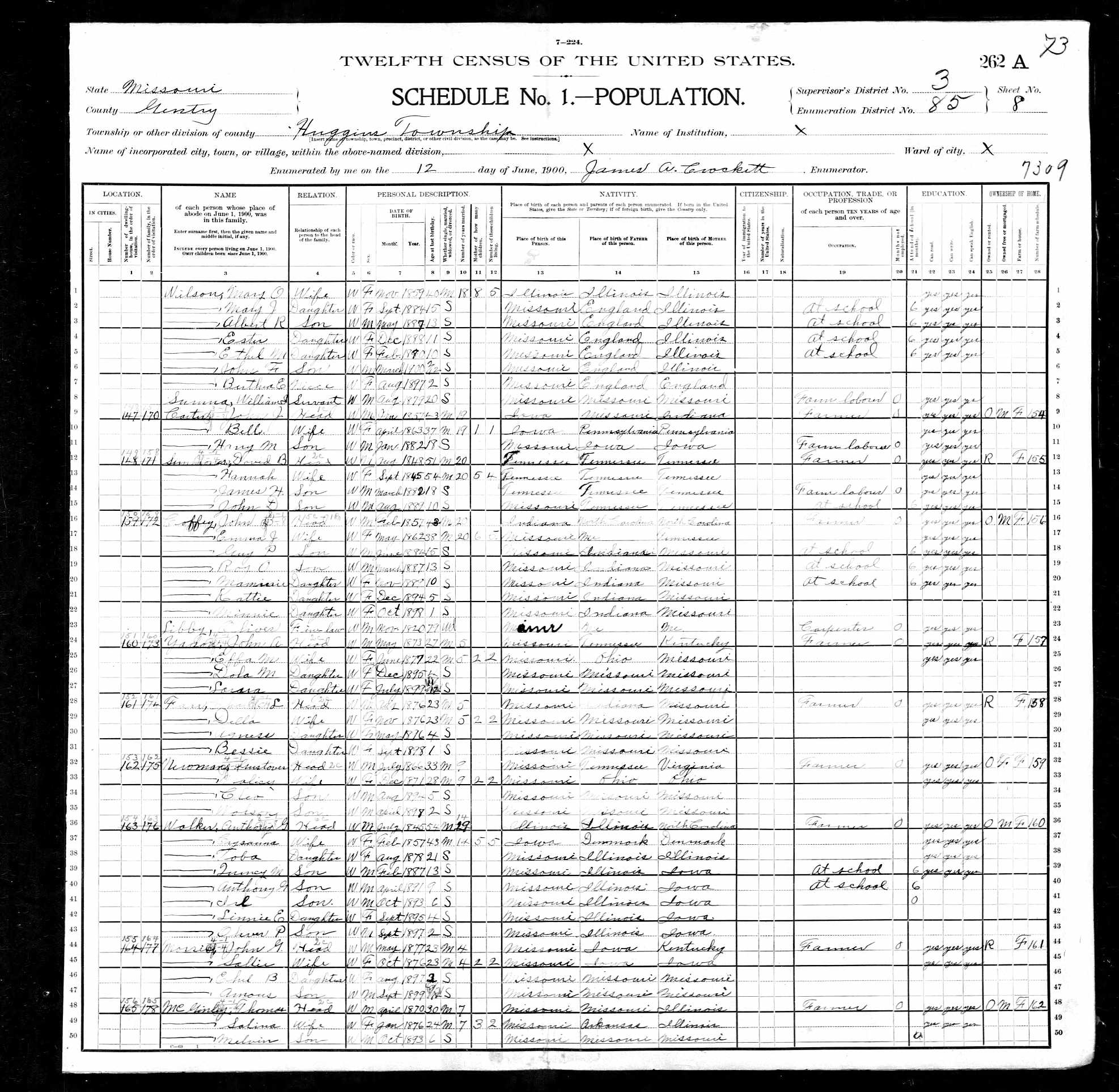 Anthony G. Walker (son of Philip V.), 1900 Gentry County, Illinois, census