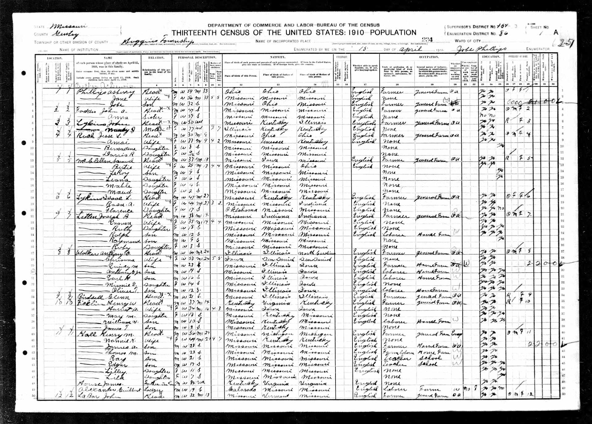Anthony G. Walker (son of Philip V.), 1910 Gentry County, Missouri, census
