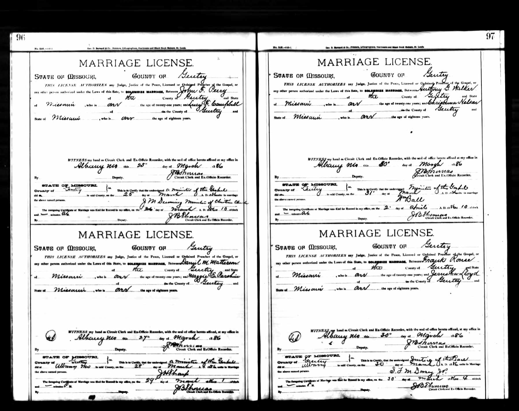 Anthony Green Walker (son of Philip V. Walker and Frances Best), marriage to Christina Nelson, 1886, Gentry County, Missouri.