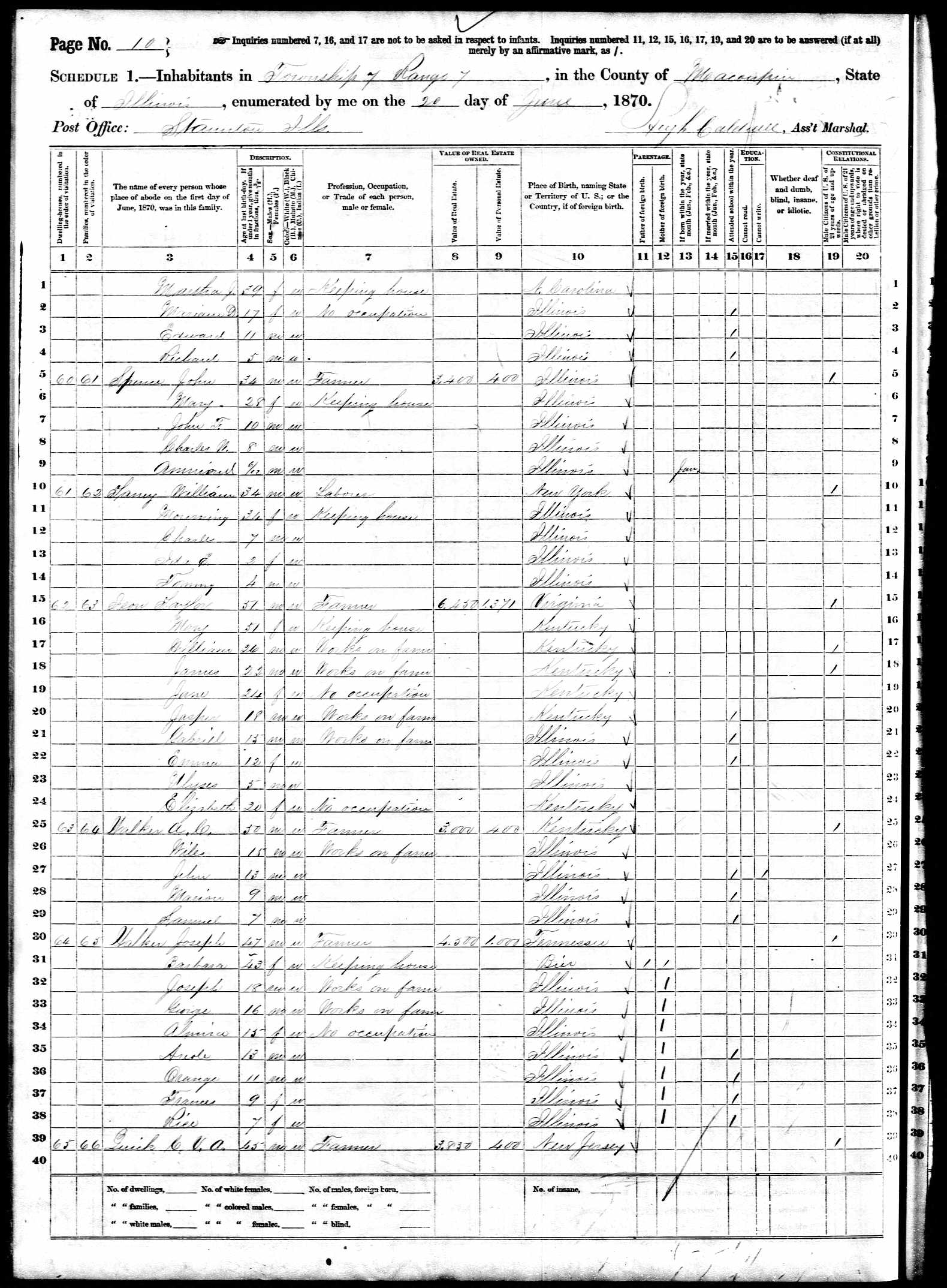 Archalus C. Walker, 1870 Macoupin County, illinois, census