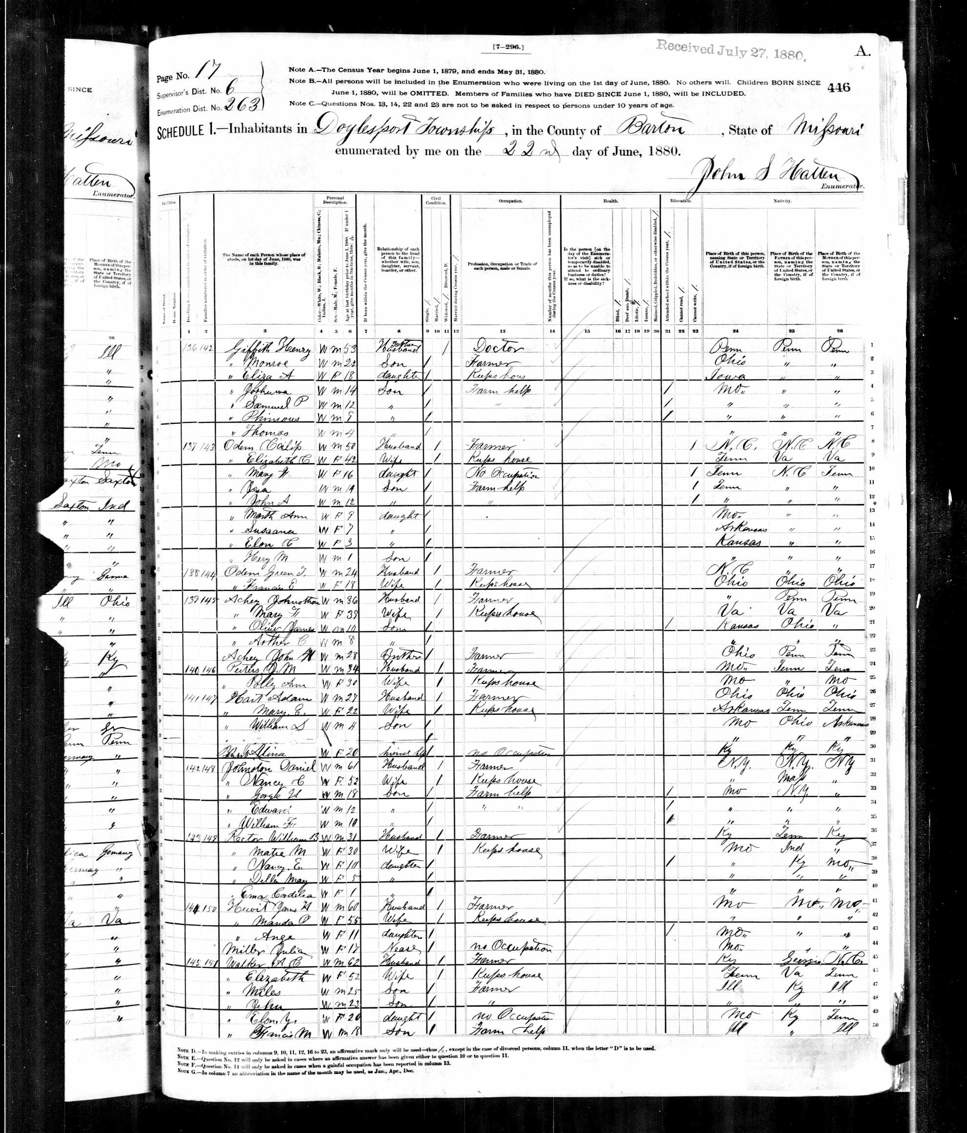 Archalus C. Walker, 1880 Barton County, Missouri, census