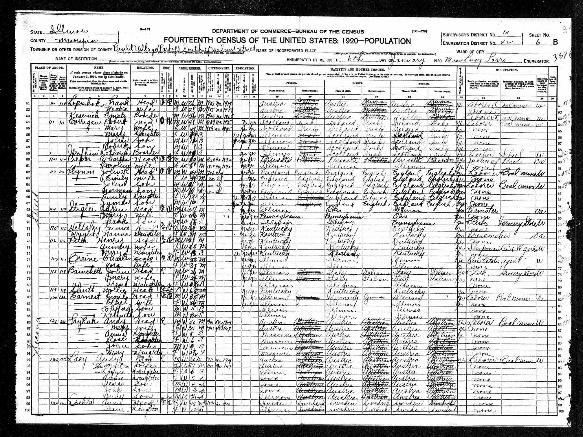 Charles W. and Caroline E. (Walker) Pieper/Peiper, 1920 Macoupin County, Illinois, census