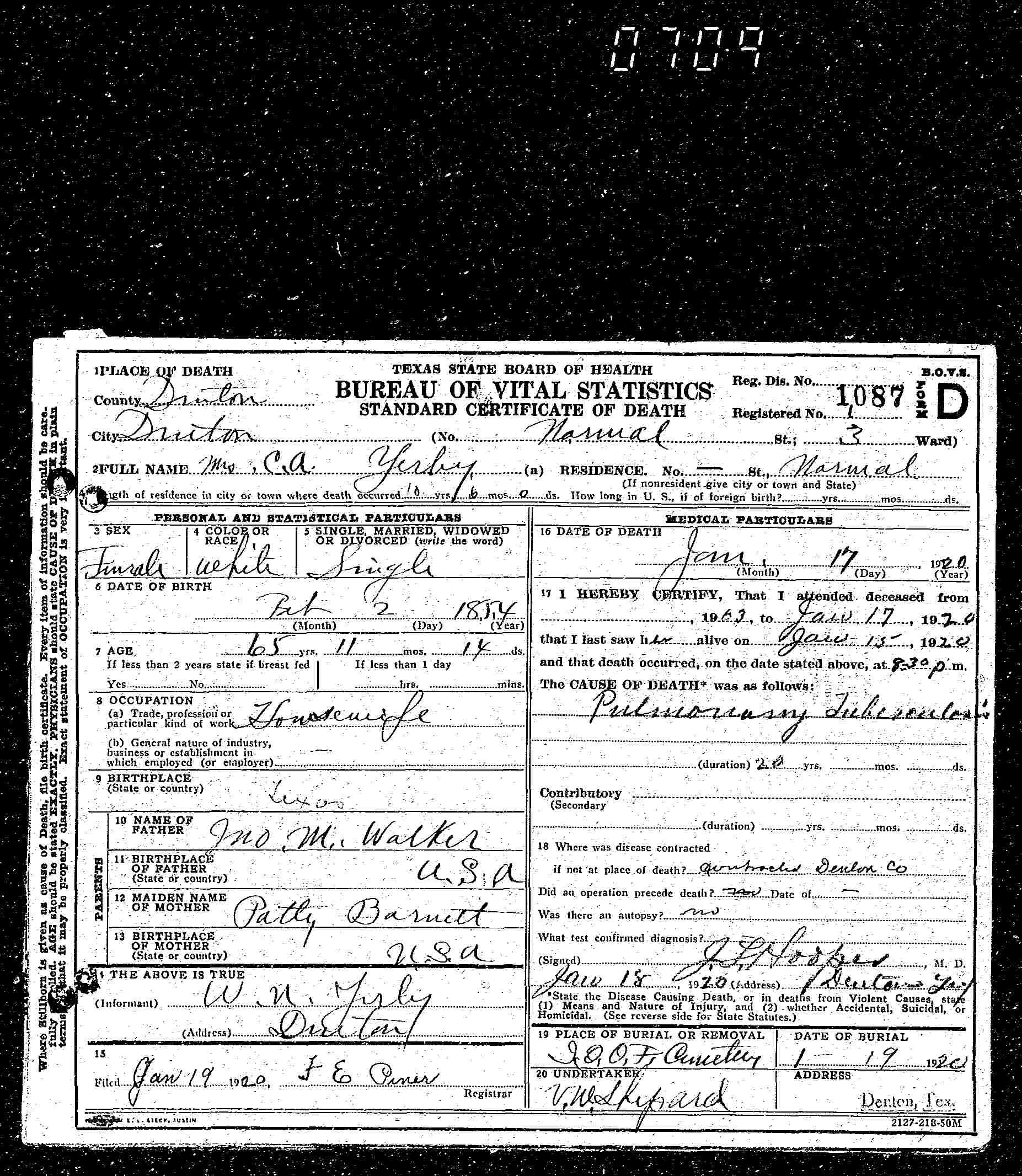 Death certificate, Clara A. (Walker) Yerby, 1920, Denton Co TX