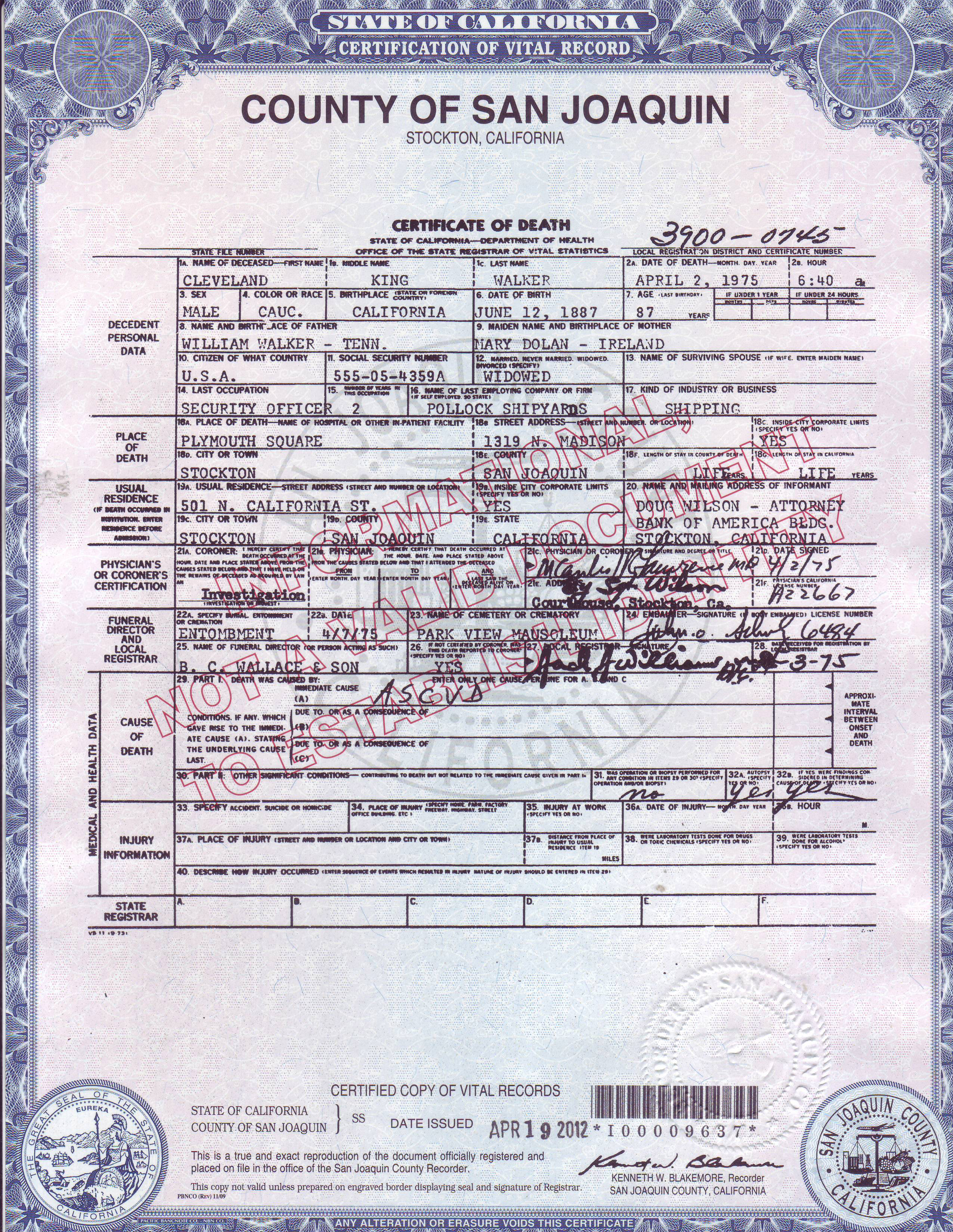 Cleveland King Walker, death certificate, 1975, San Joaquin County, California