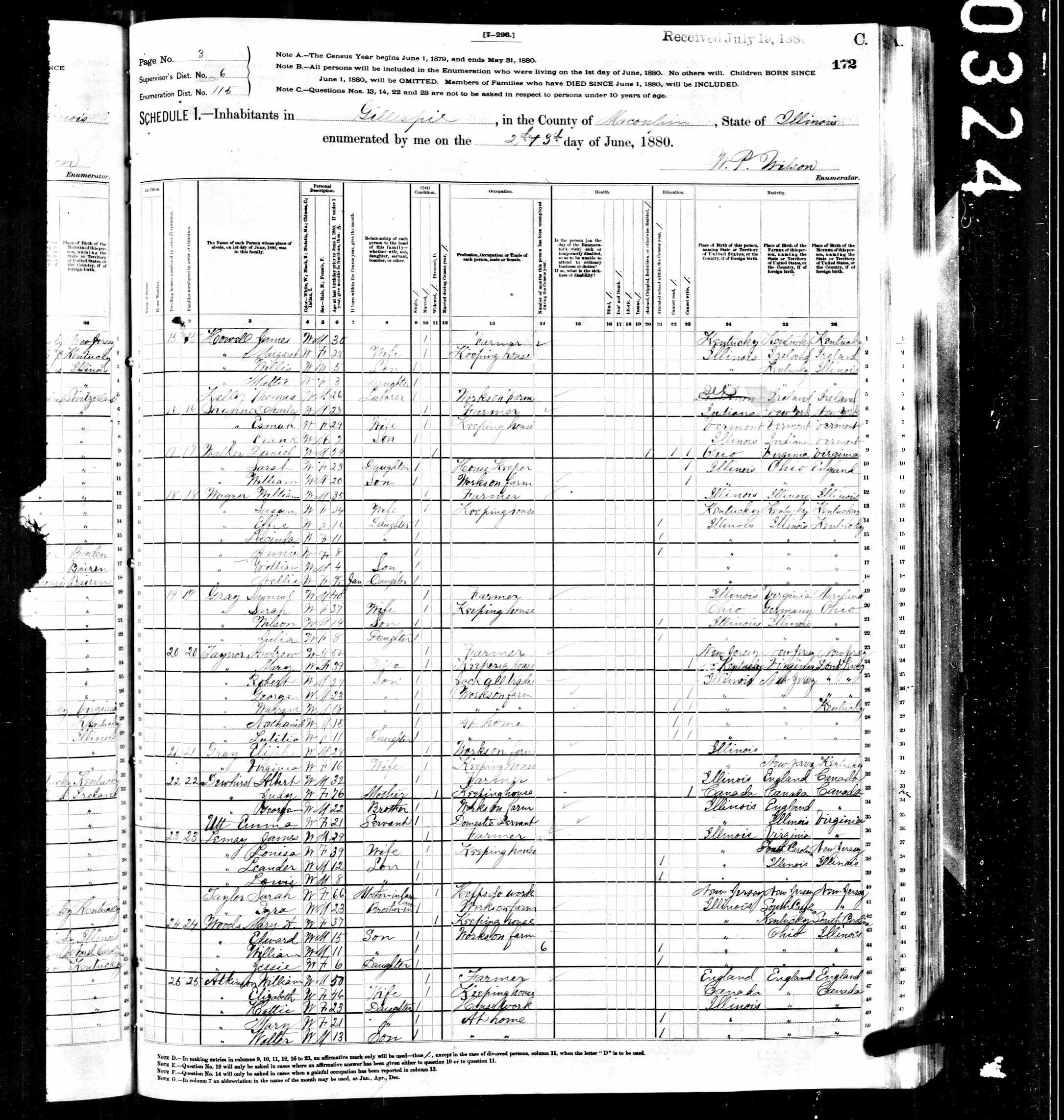 Daniel Walker, 1880 Macoupin County, Illinois, census