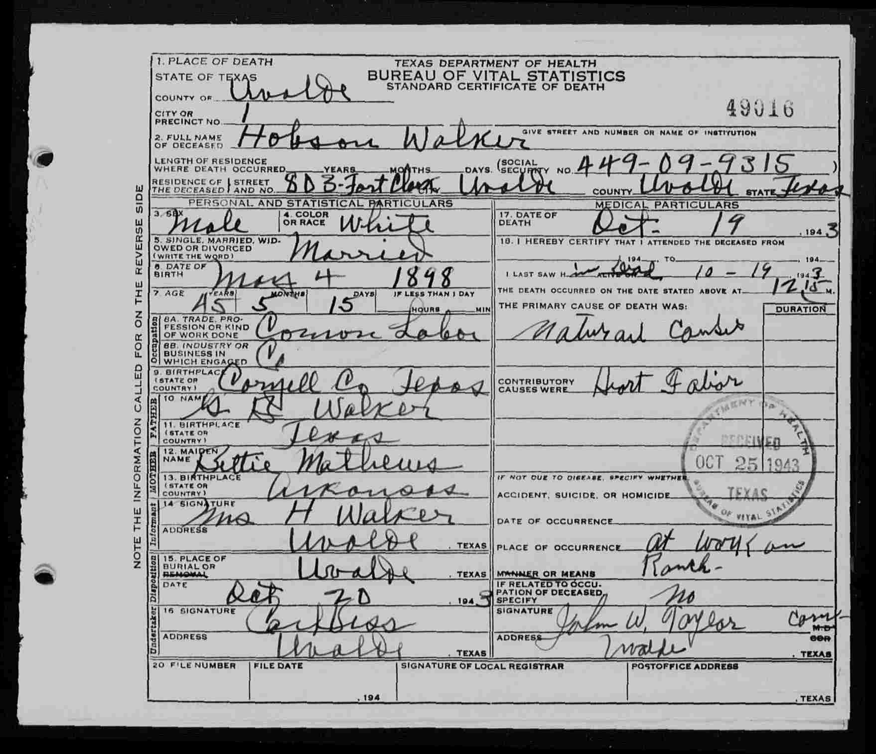 Dewey Hobson 'Hobson' Walker, death certificate, 1943, Uvalde County, Texas