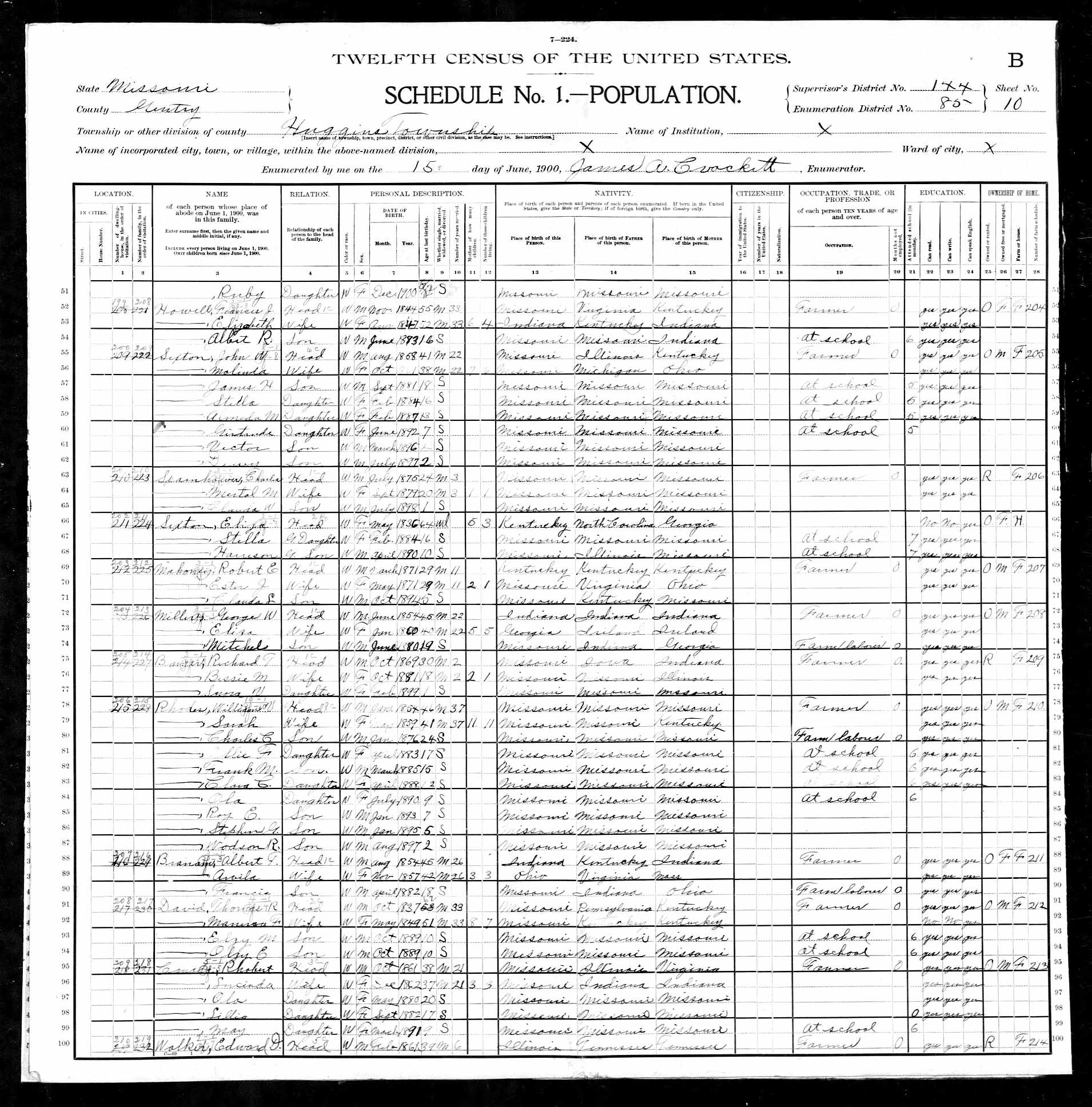 Edward W. Walker, 1900 Gentry County, Missouri, census