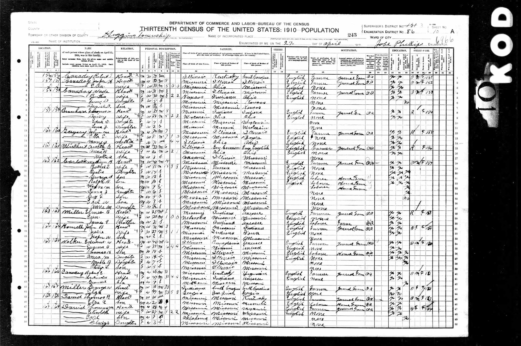 Edward W. Walker, 1910 Gentry County, Missouri, census