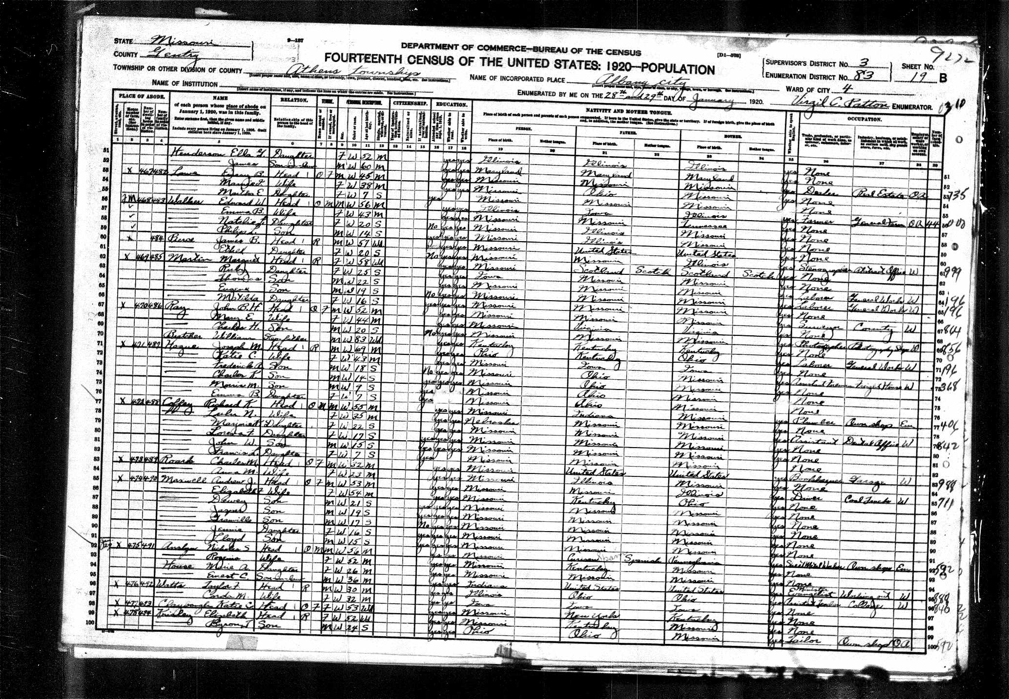 Edward W. Walker, 1920 Gentry County, Missouri, census