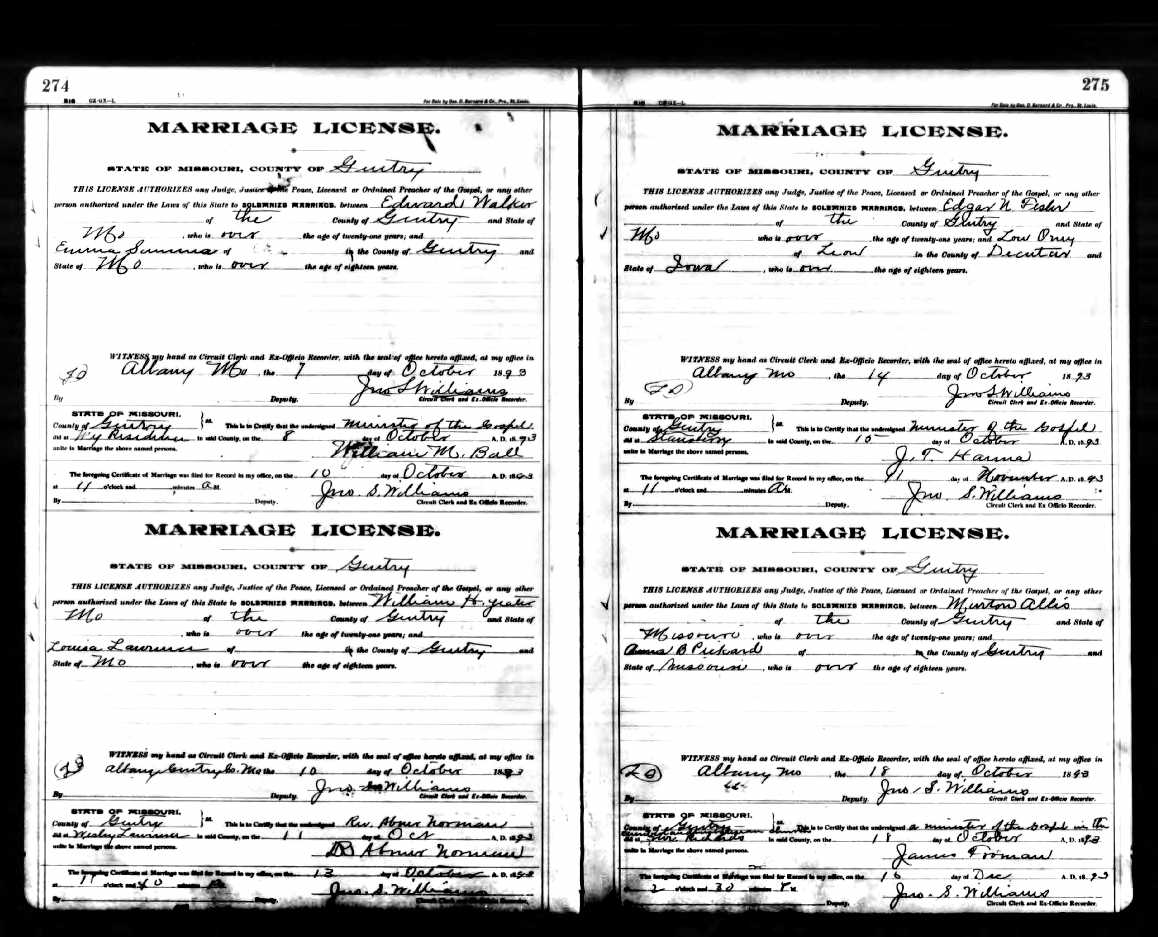 Edward W. Walker, marriage to Emma Sumina, 1893, Gentry County, Missouri