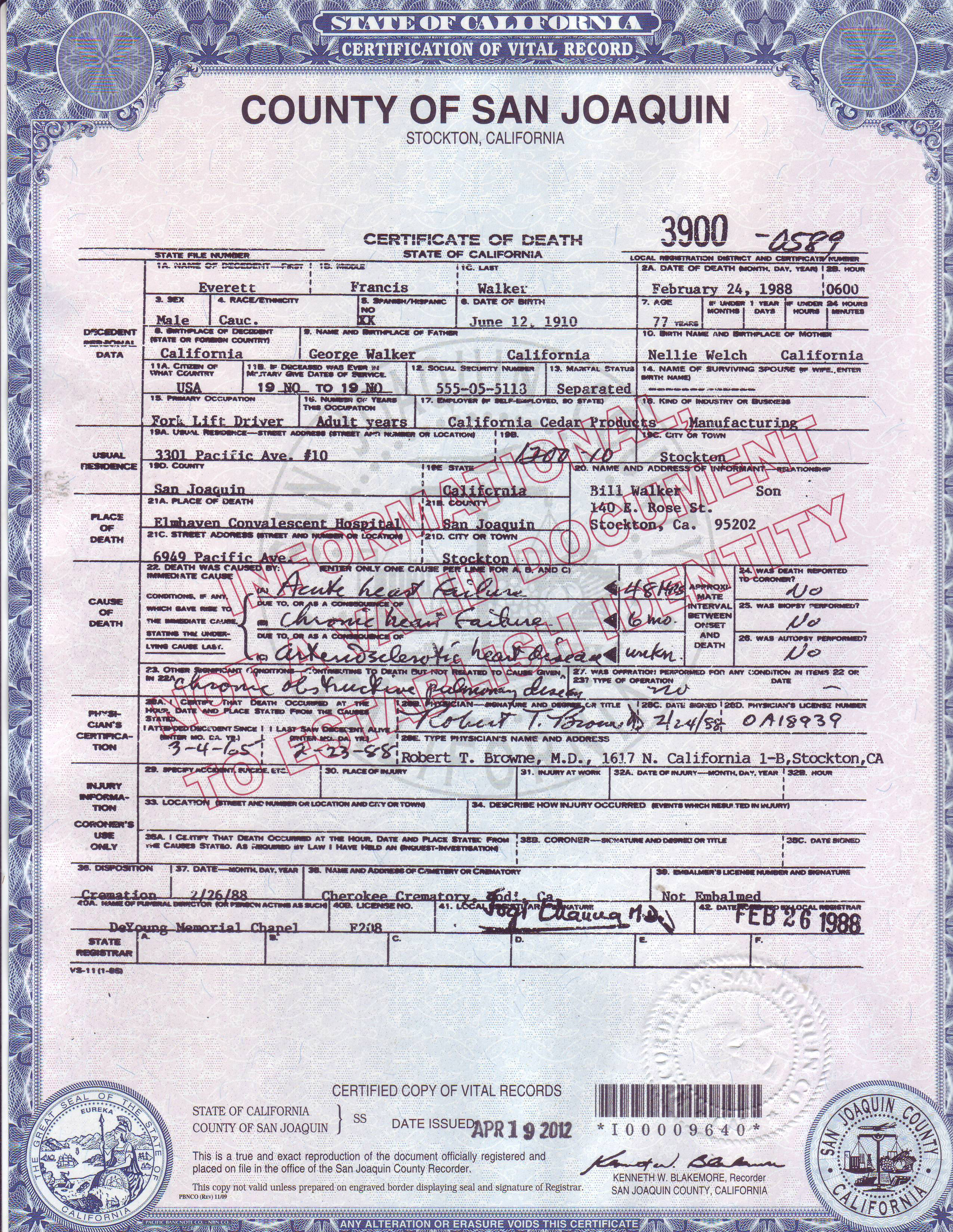 Everett F. Walker, death certificate, 1988, San Joaquin County, California