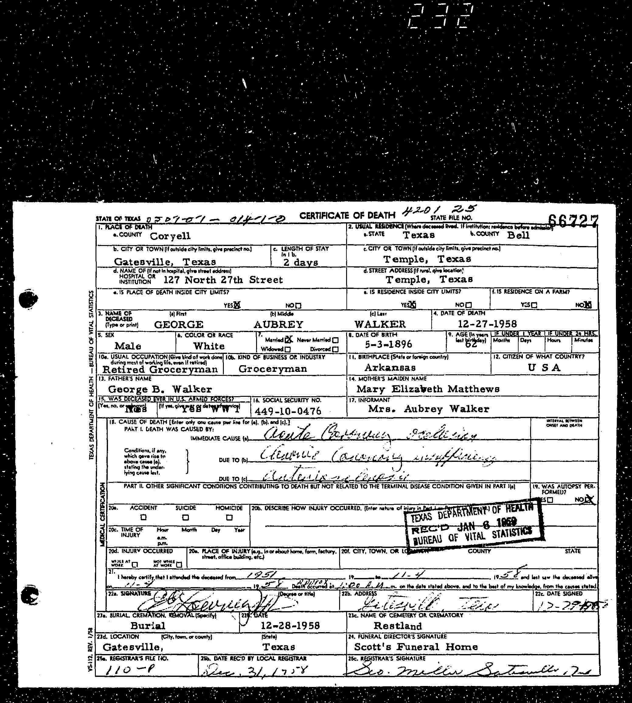 George Aubrey Walker, death certificate, 1958, Coryell Co TX