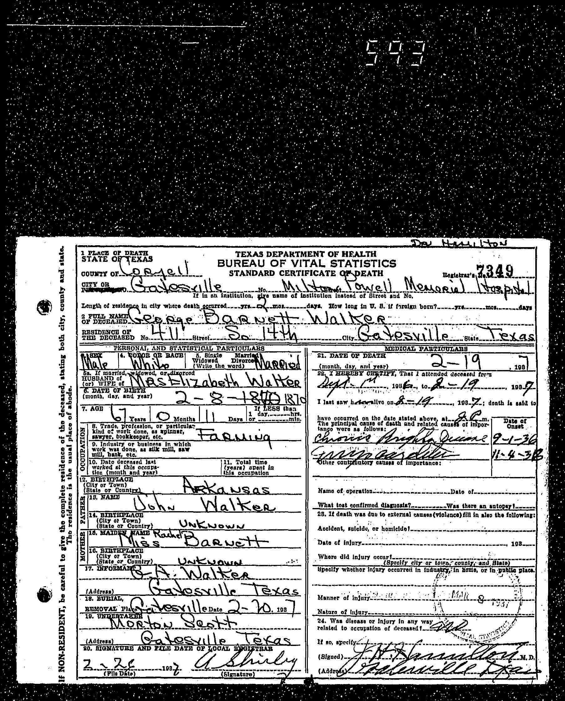 George B. Walker, death certificate, 1937, Coryell County, Texas