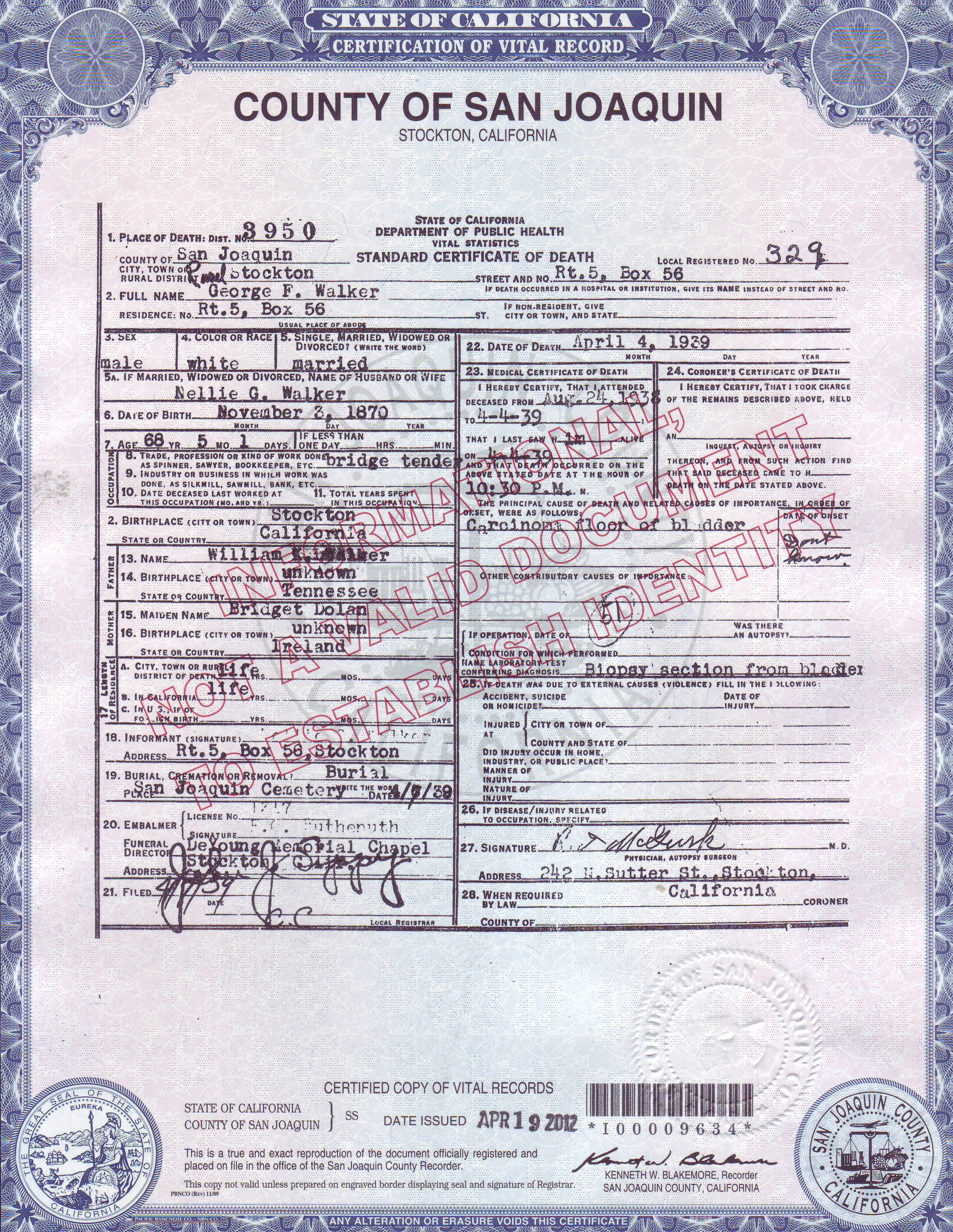 George F. Walker, death certificate, 1939, San Joaquin County, California
