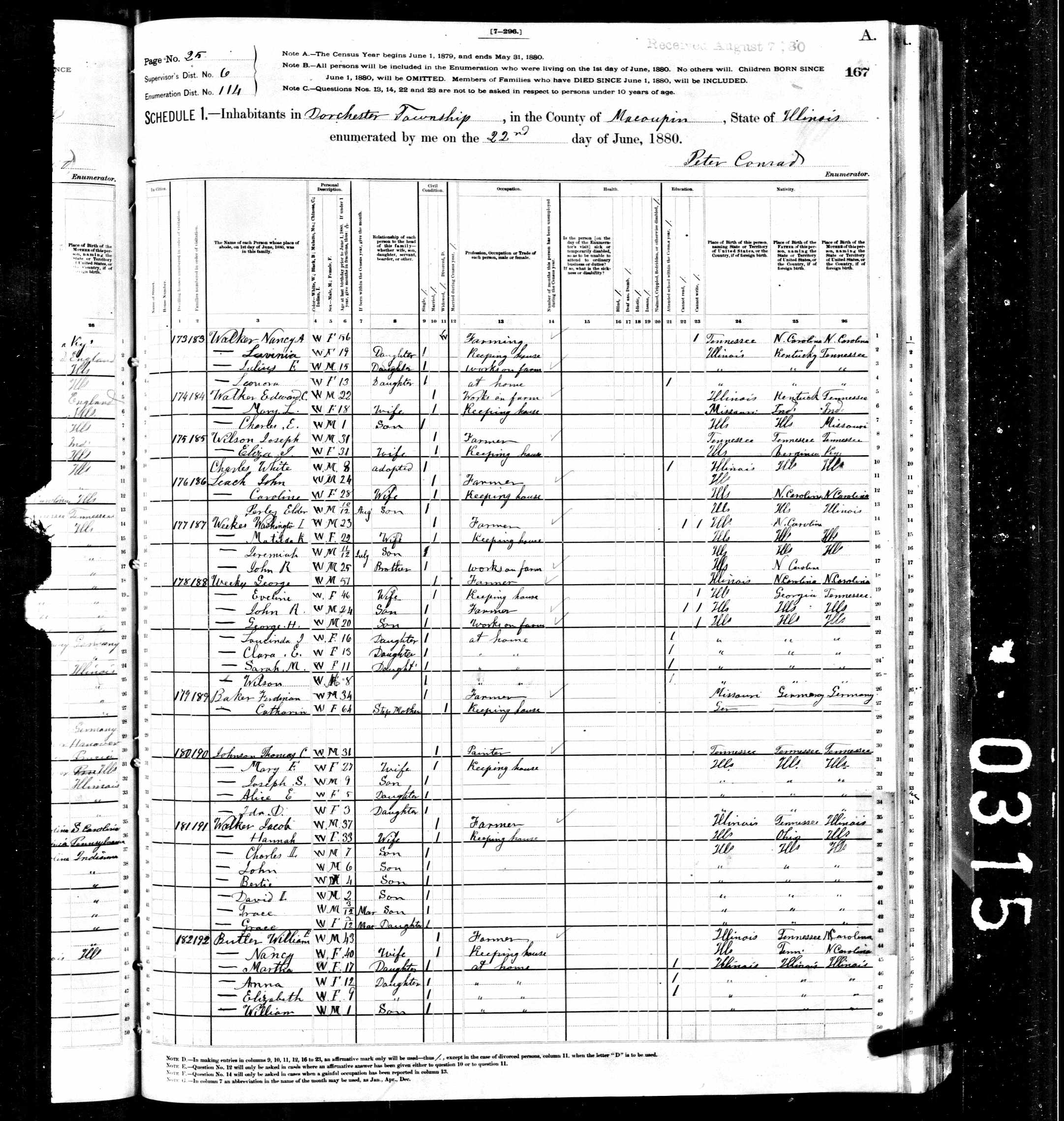 Jacob Walker, son of James and Mary (Bentley) Walker, and wife Hannah Jacobs, 1880 Macoupin County, Illinois, census