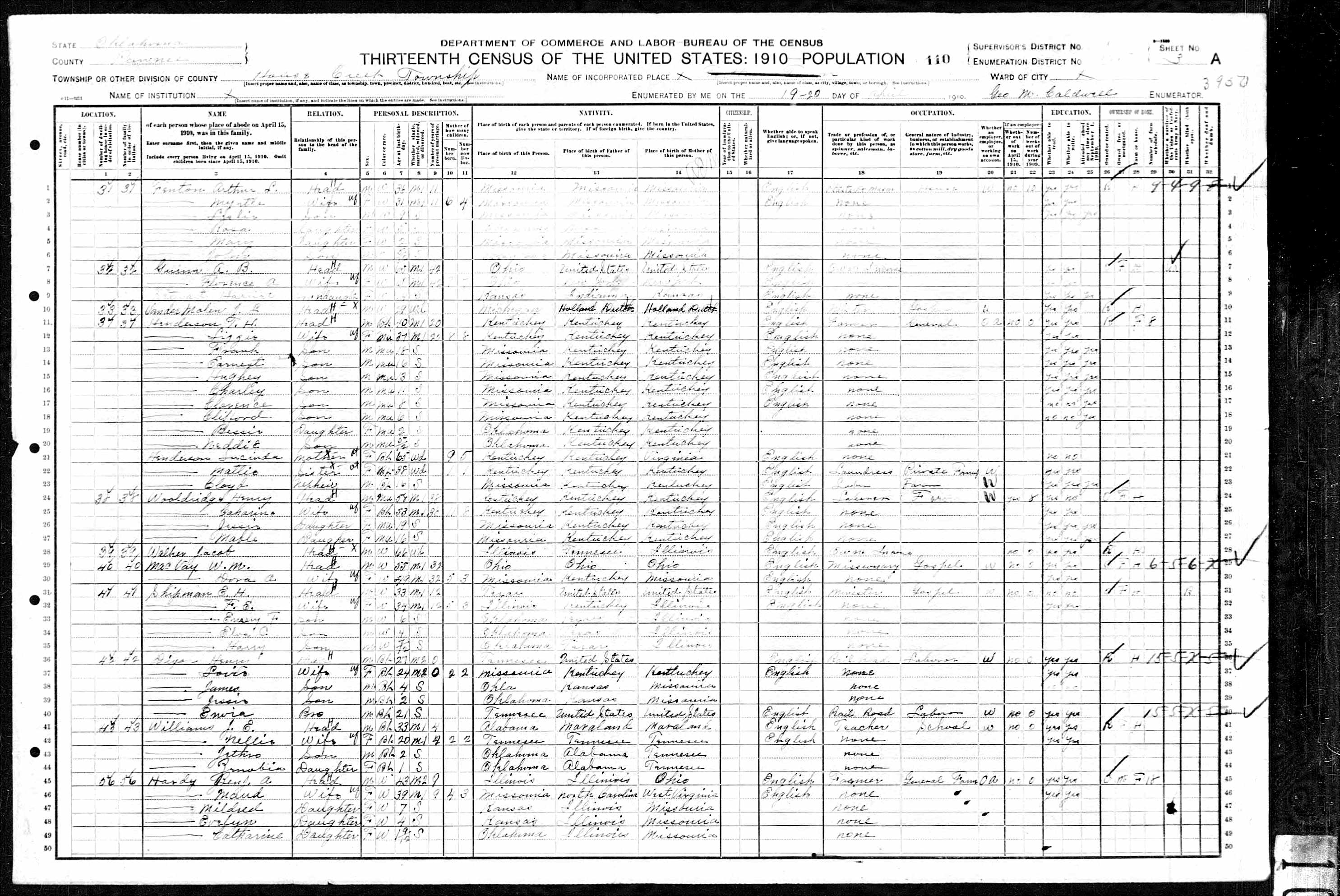Jacob Walker, son of James and Mary (Bentley) Walker, 1910 Pawnee County, Oklahoma, census