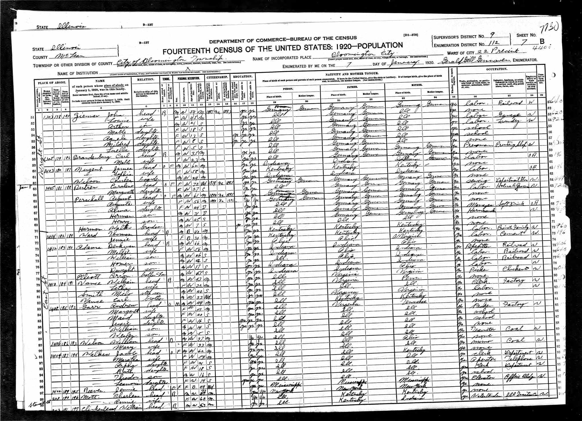 Jacob A. and Martha (Finley) Walker, 1920 McLean County, Illinois, census