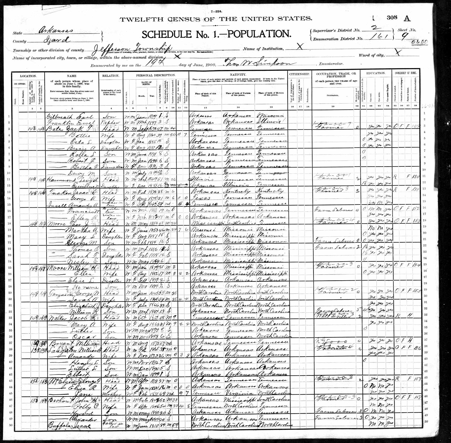 Jacob R. and Mary A. (Ferguson) Walker, 1900 Izard County, Arkansas, census