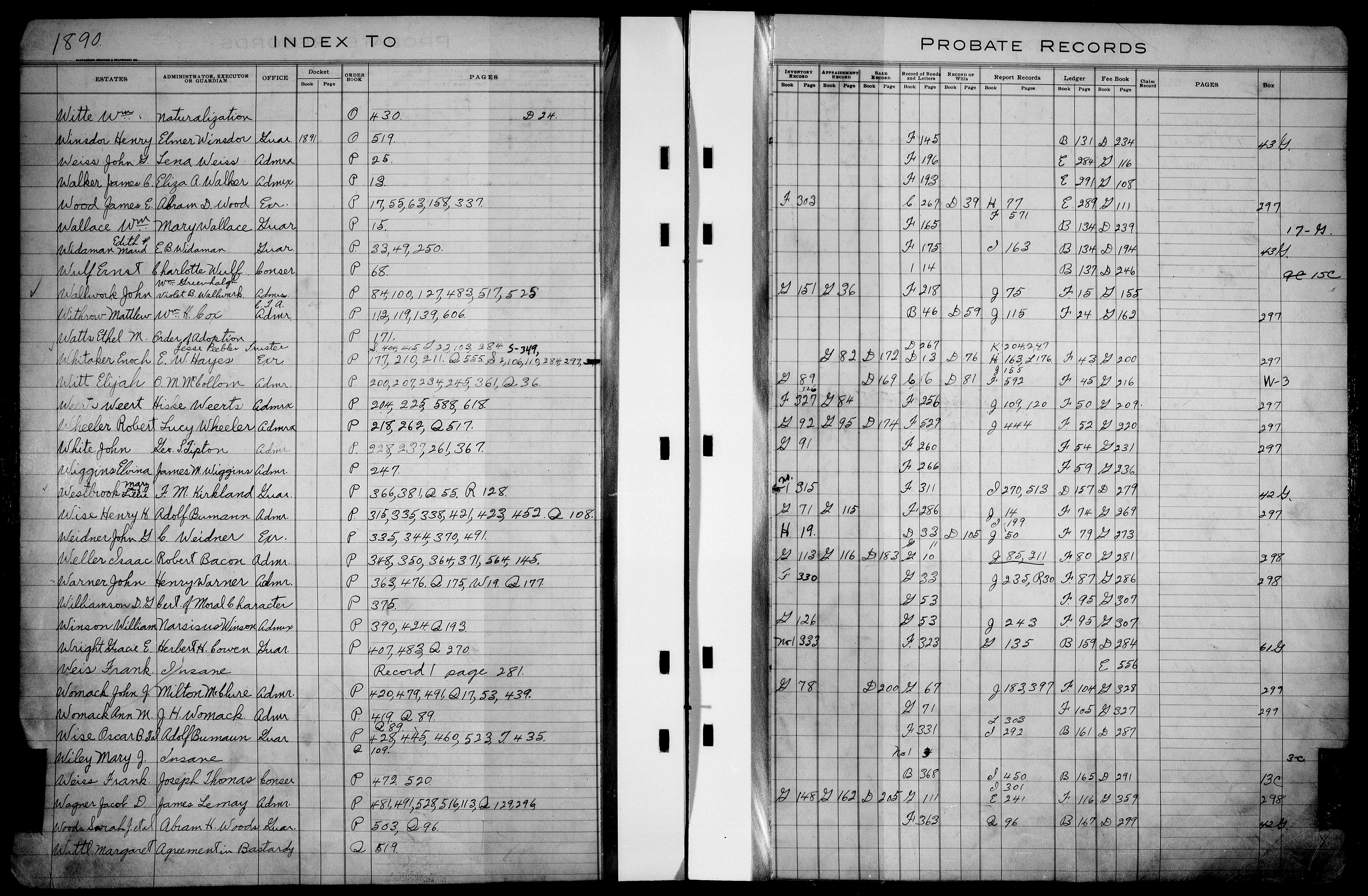 James C. Walker, probate index, after 1888 (probably 1891), Macoupin County, Illinois