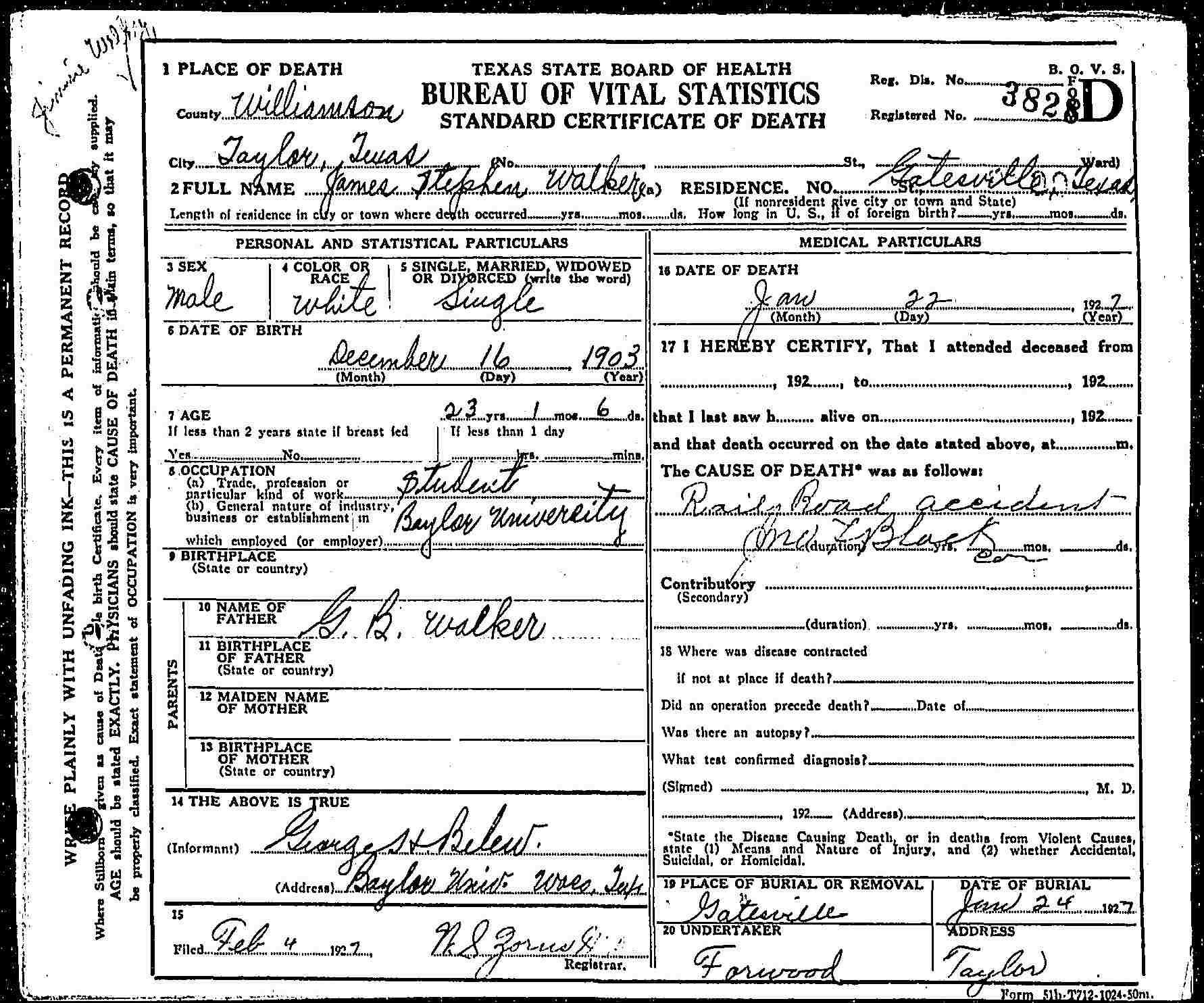 James S. Walker, death certificate, 1927, Williamson County, Texas. Died in bus accident with Baylor basketball team.