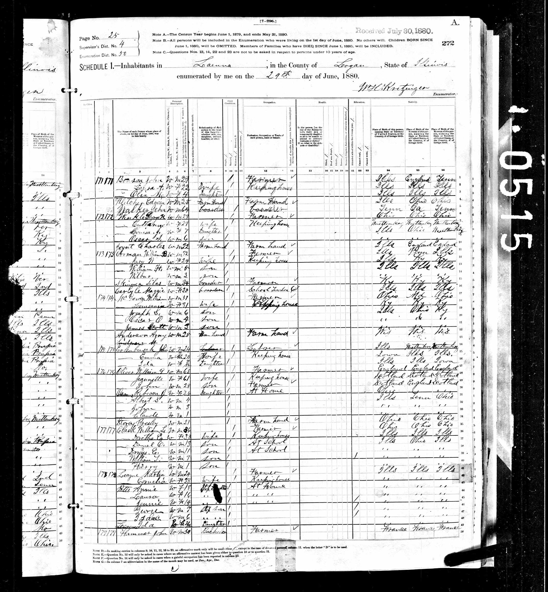 Jehu Walker, 1880 Logan County, Illinois, census
