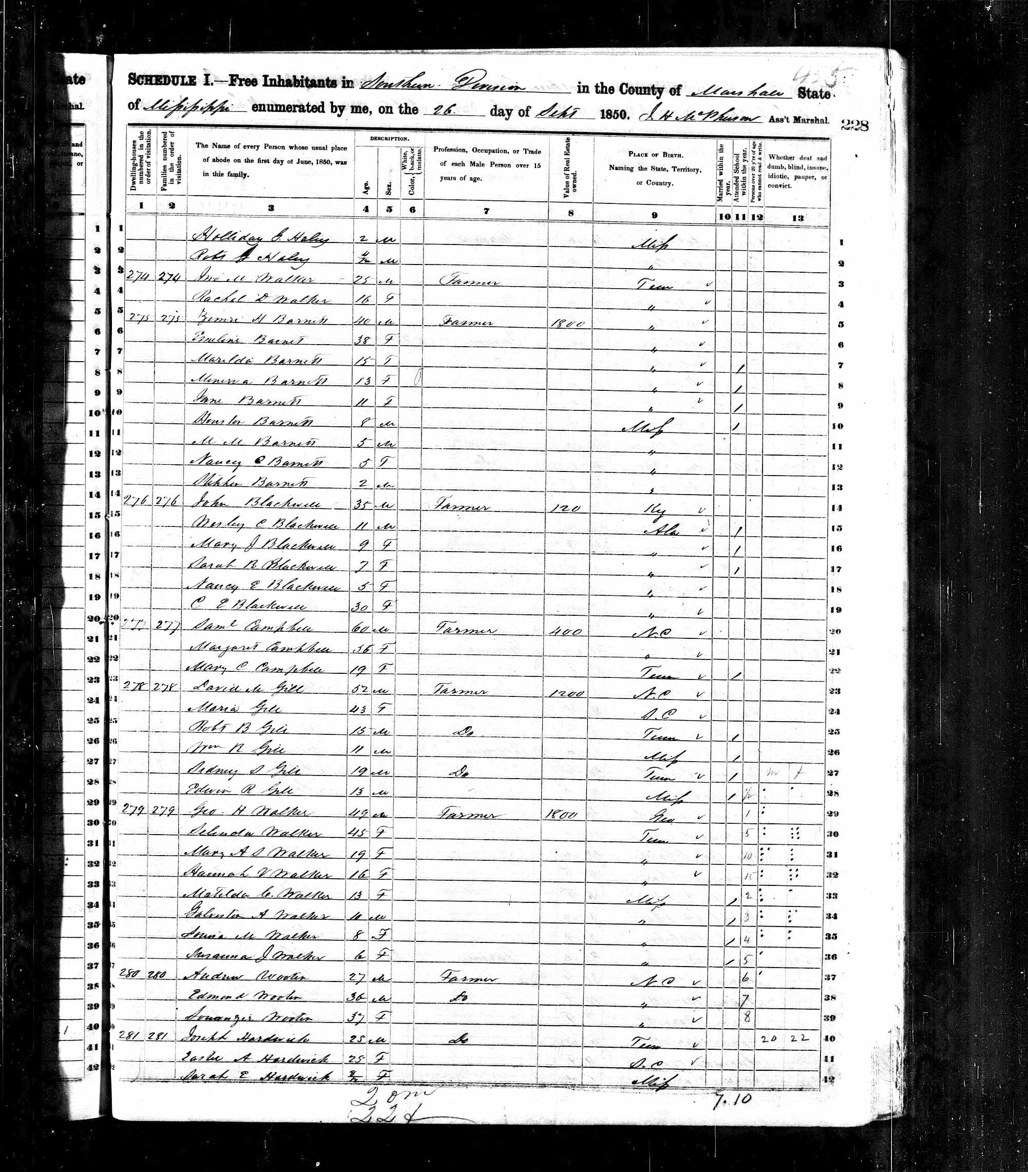James/John M. Walker (Elijah, progenitor), 1850 Marshall, Mississippi, census
