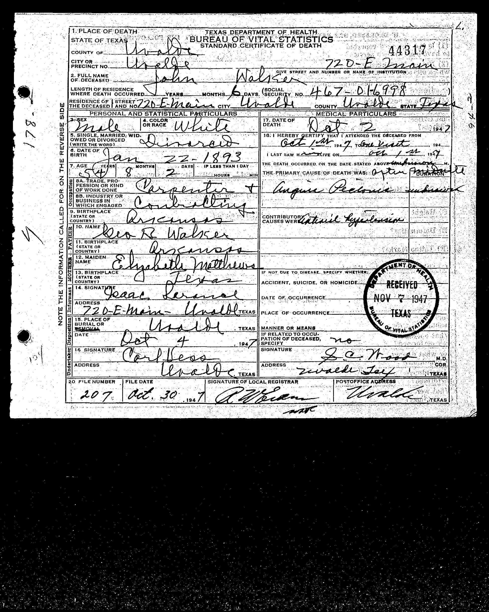 John H.Walker, death certificate, 1947,Uvalde County, Texas