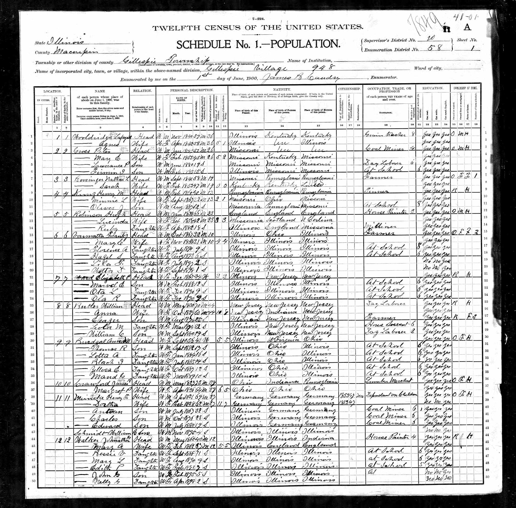 John Walker (son of Samuel and Eliza A. (Ward) Walker), 1900 Macoupin County, Illinois, census