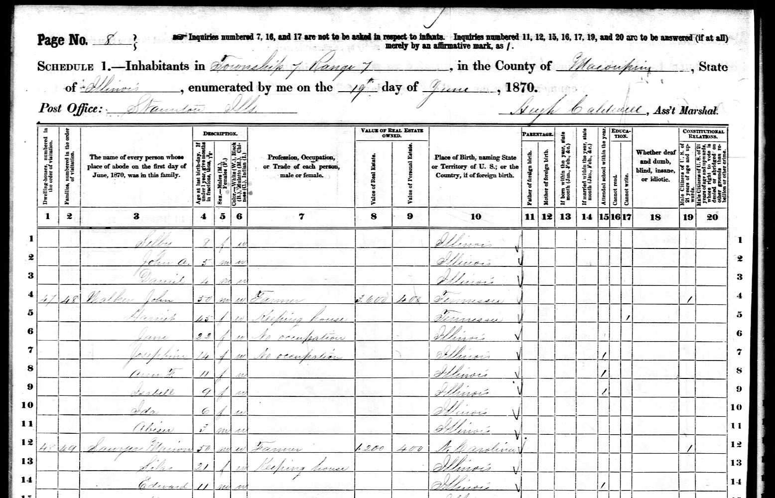 John McLean Walker, 1870 Macoupin County, Illinois, census