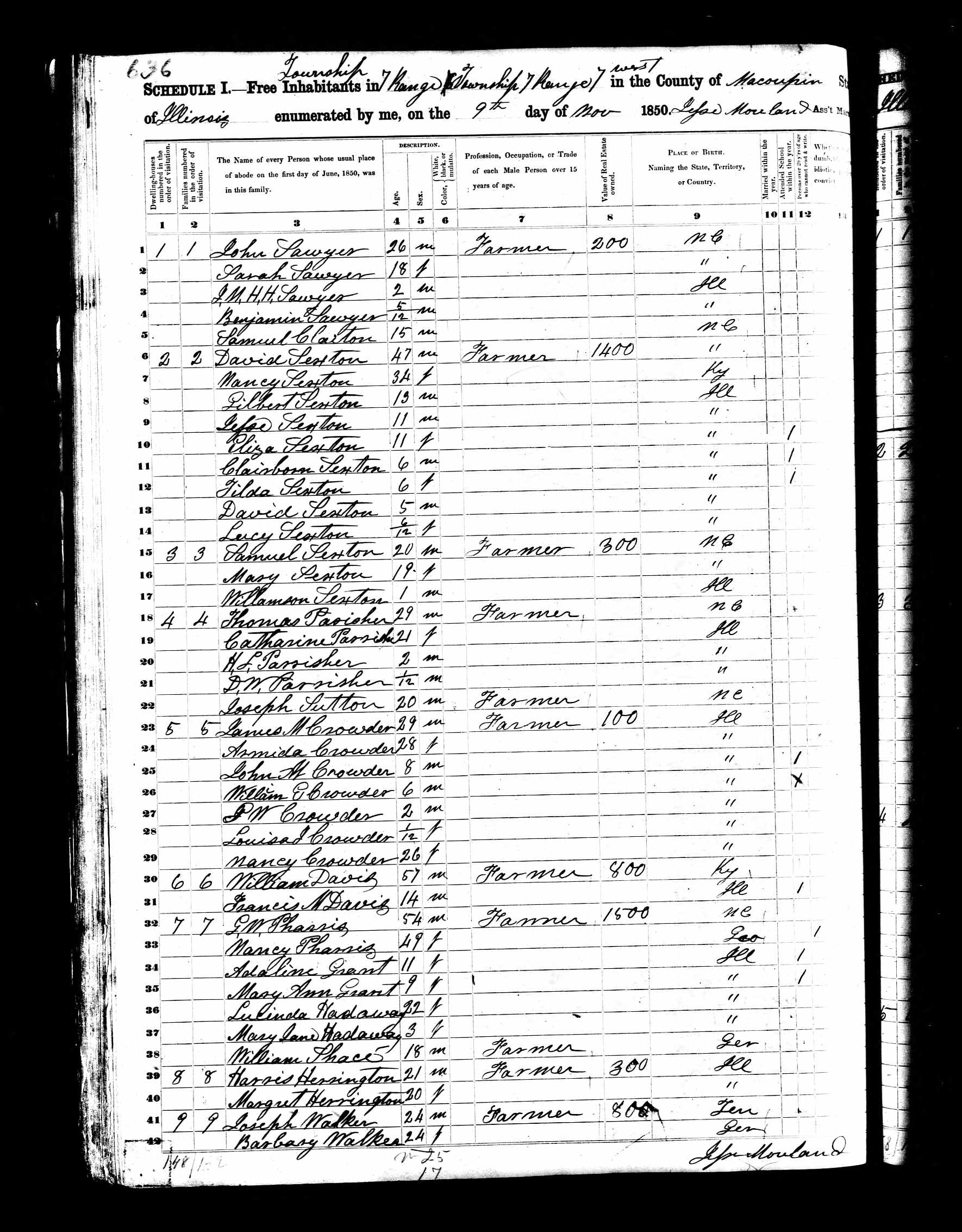 Joseph Walker (likely son of Jacob and Agnes), 1850 Macoupin County, Illinois, census.