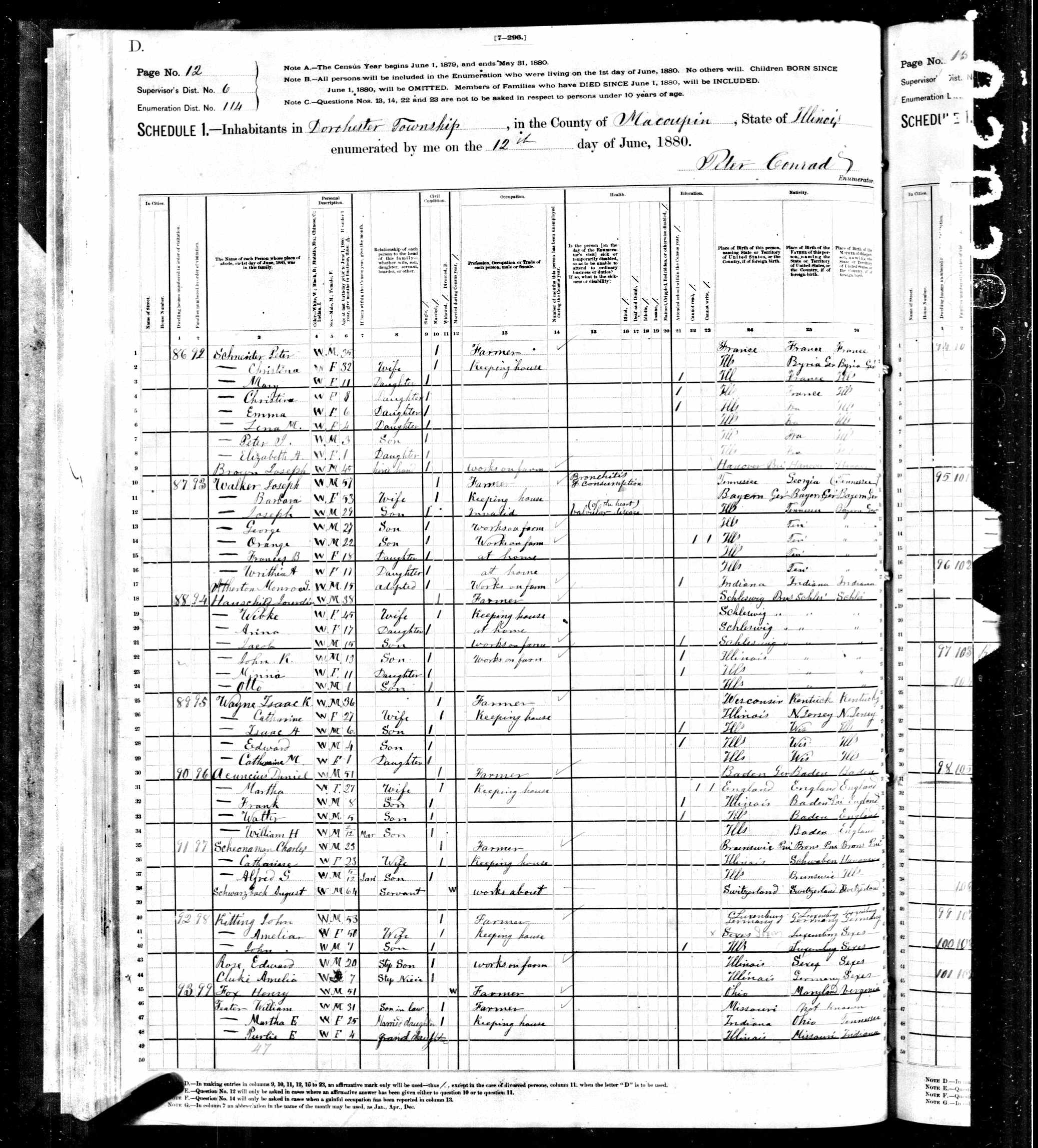 Joseph Walker (son of Jacob Walker and Agnes McLean), 1880 Macoupin County, Illinois, census