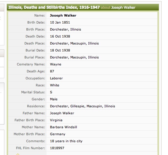 Joseph Walker (son of Joseph Walker and Barbara Weincil), death index entry, 1938, Macoupin County, Illinois
