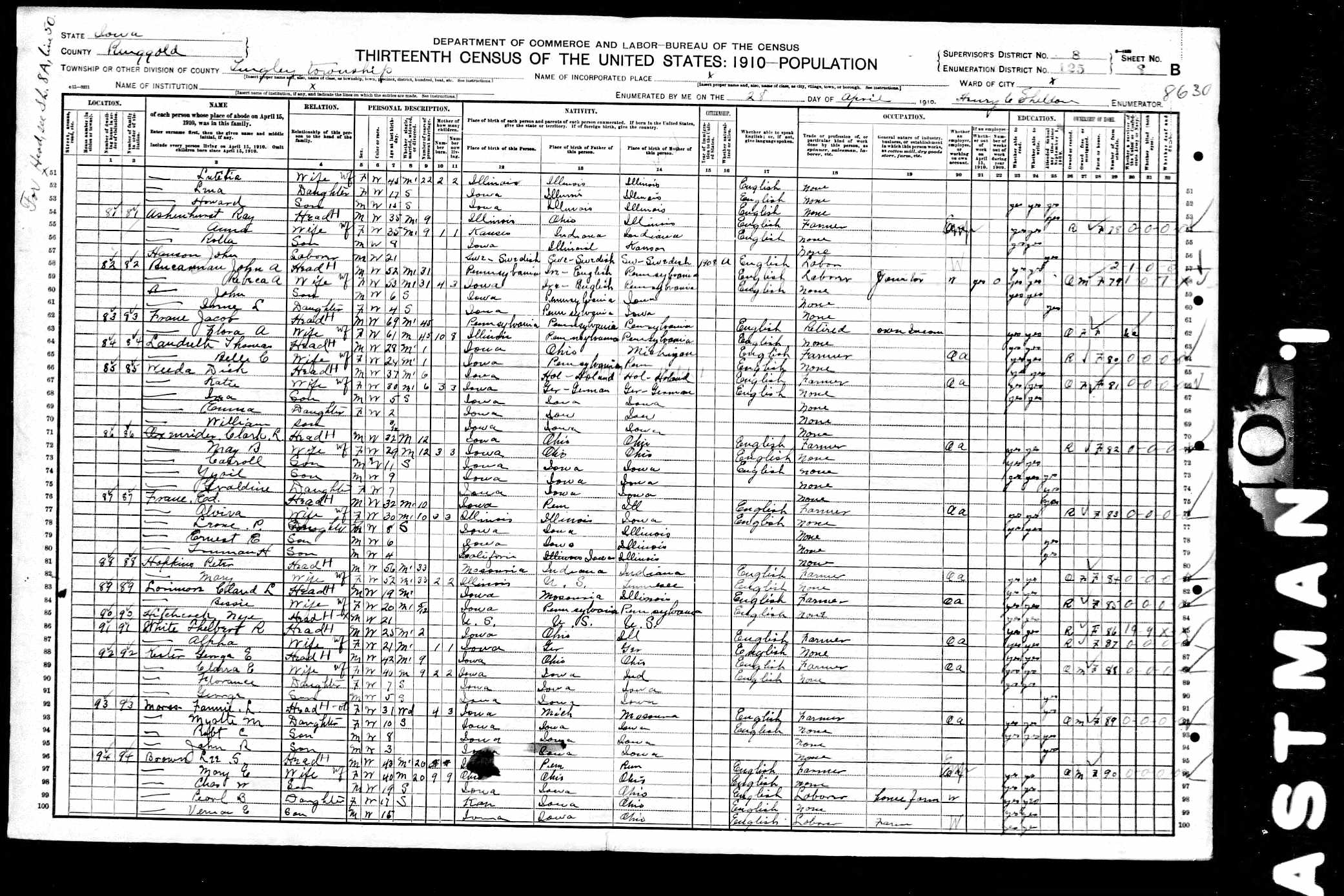 Peter and Mary (Walker) Hopkins, 1910 Ringgold County, Iowa, census