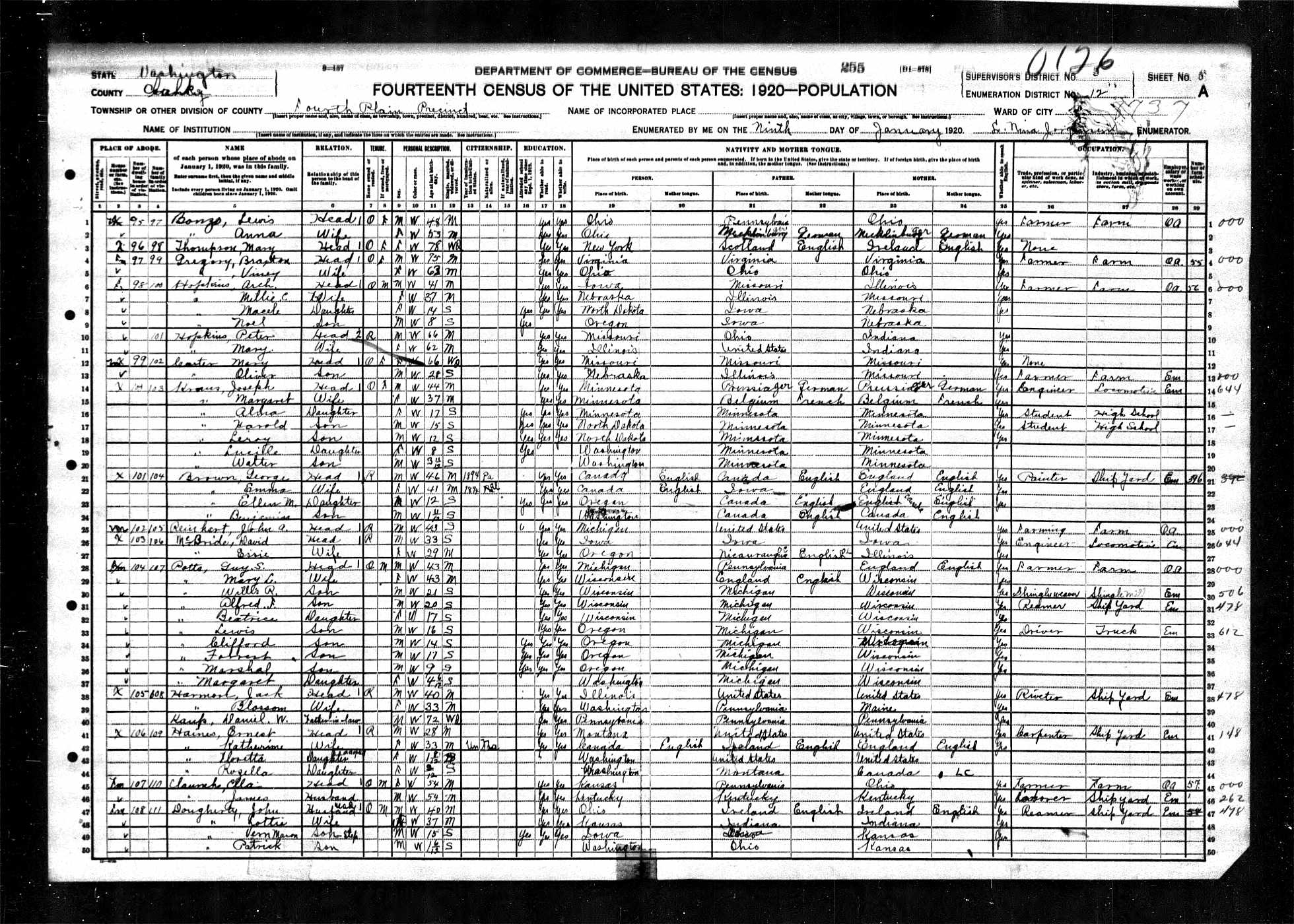 Peter and Mary (Walker) Hopkins, 1920 Clark County, Washington, census; in the home of son Arch