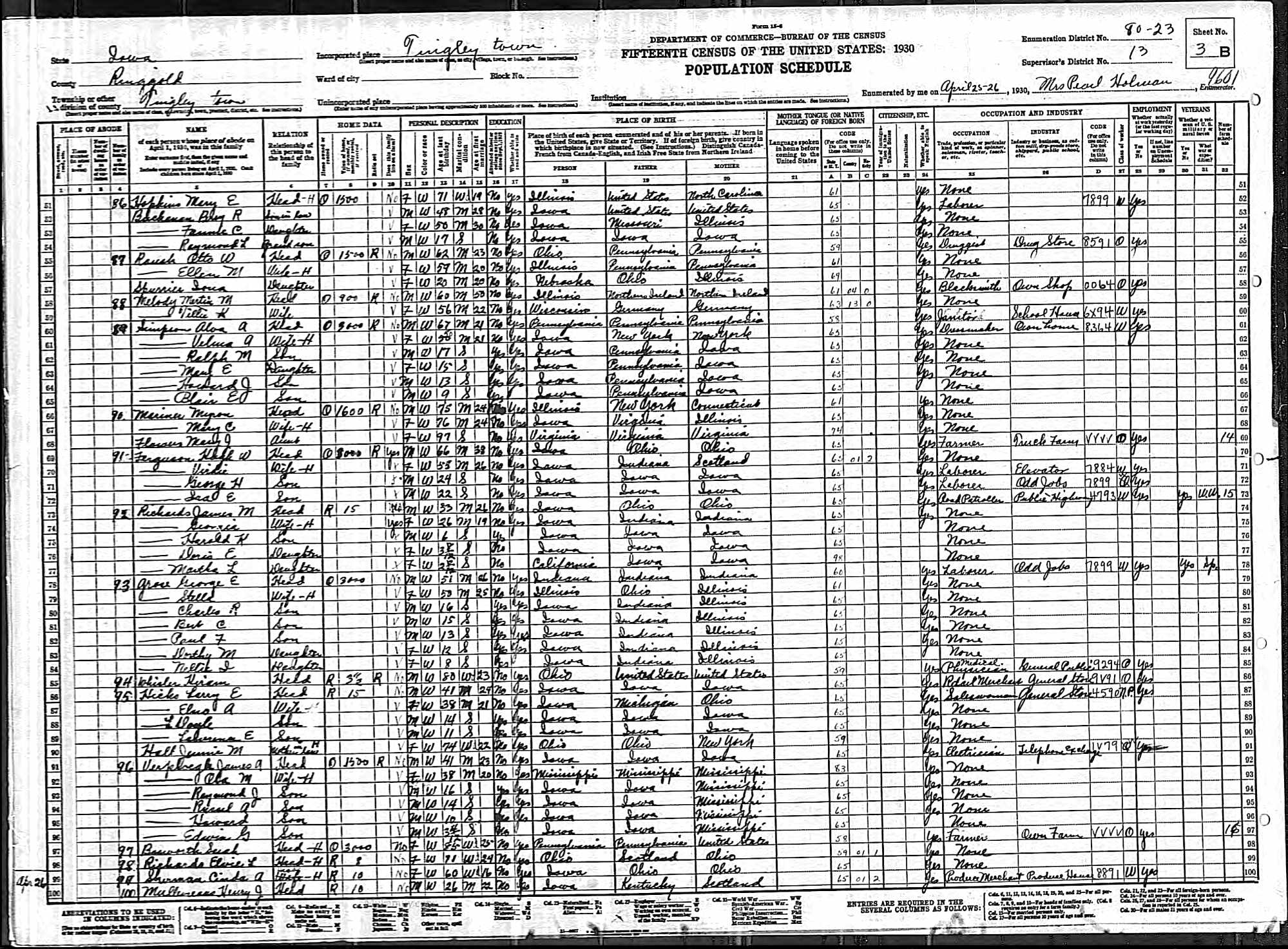 Mary E. (Walker) Hopkins, 1930 Ringgold County, Iowa, census