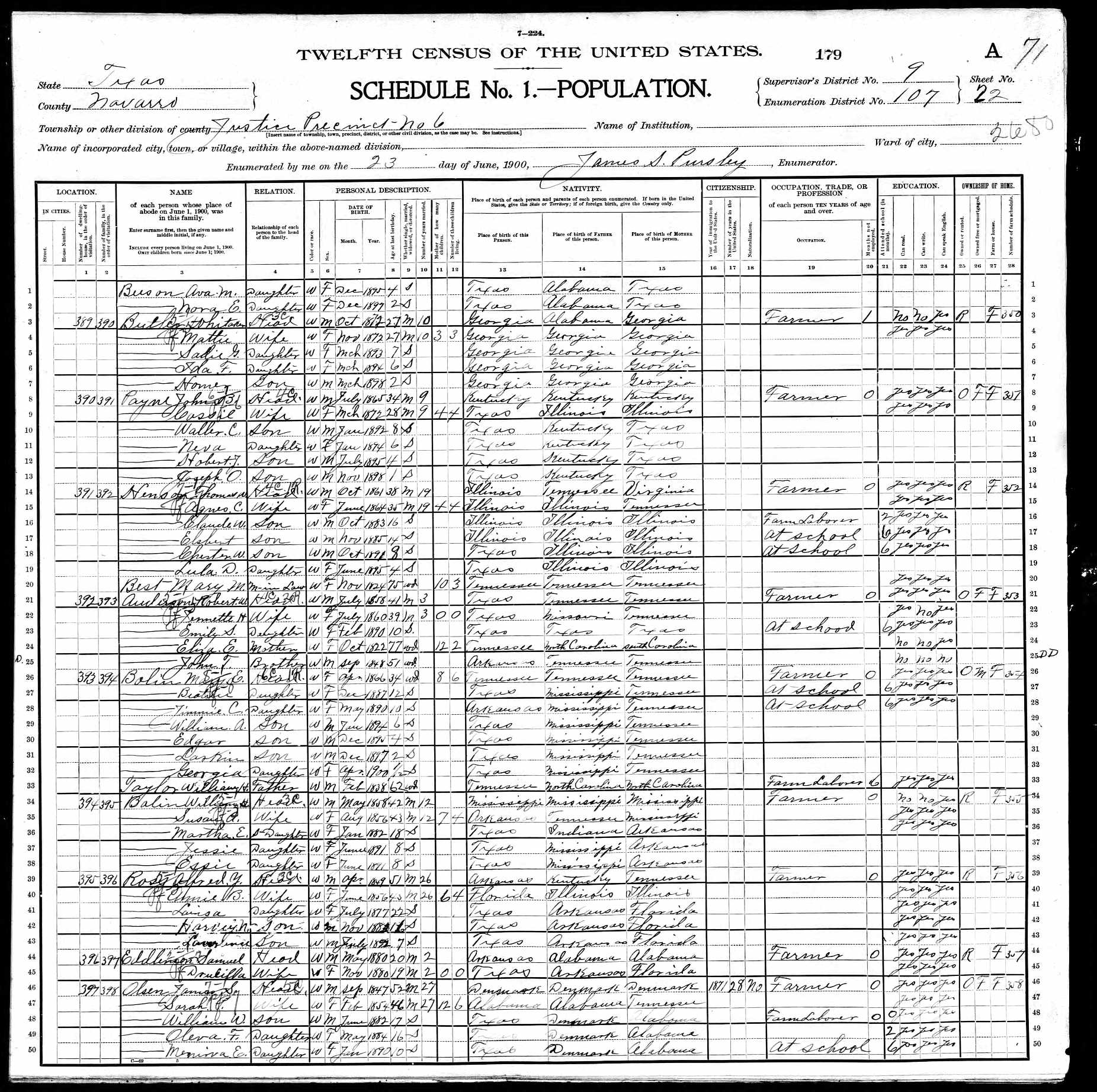 Mary M. (Walker) Best, 1900 Navarro County, Texas, census; daughter of Jacob Walker and Agnes McLean