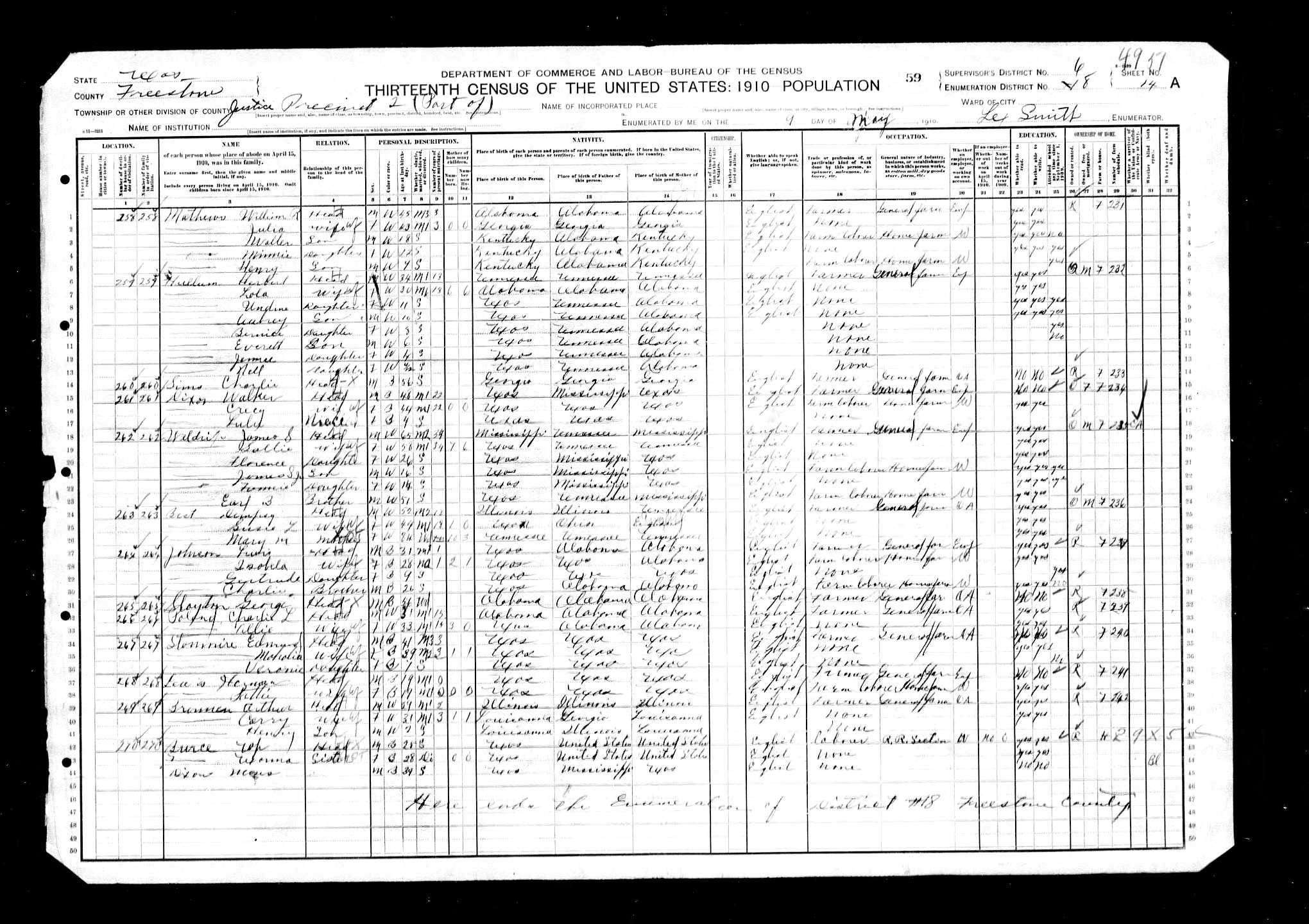 Mary M. (Walker) Best, 1910 Freestone County, Texas, census; daughter of Jacob Walker and Agnes McLean