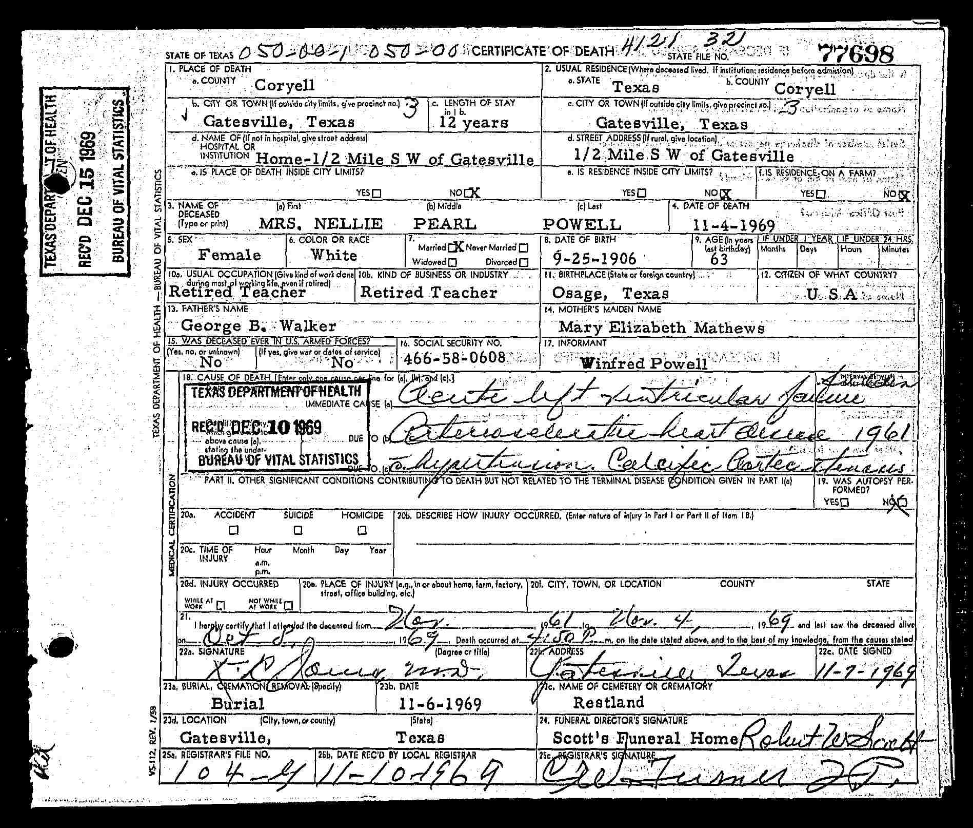 Nellie Pearl (Walker) Powell, death certificate, 1969, Coryell County, Texas
