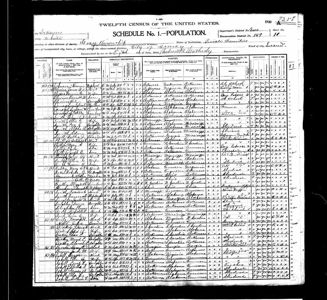 John A. and Oley T. (Walker) Smith, 1900 White County, Arkansas, census